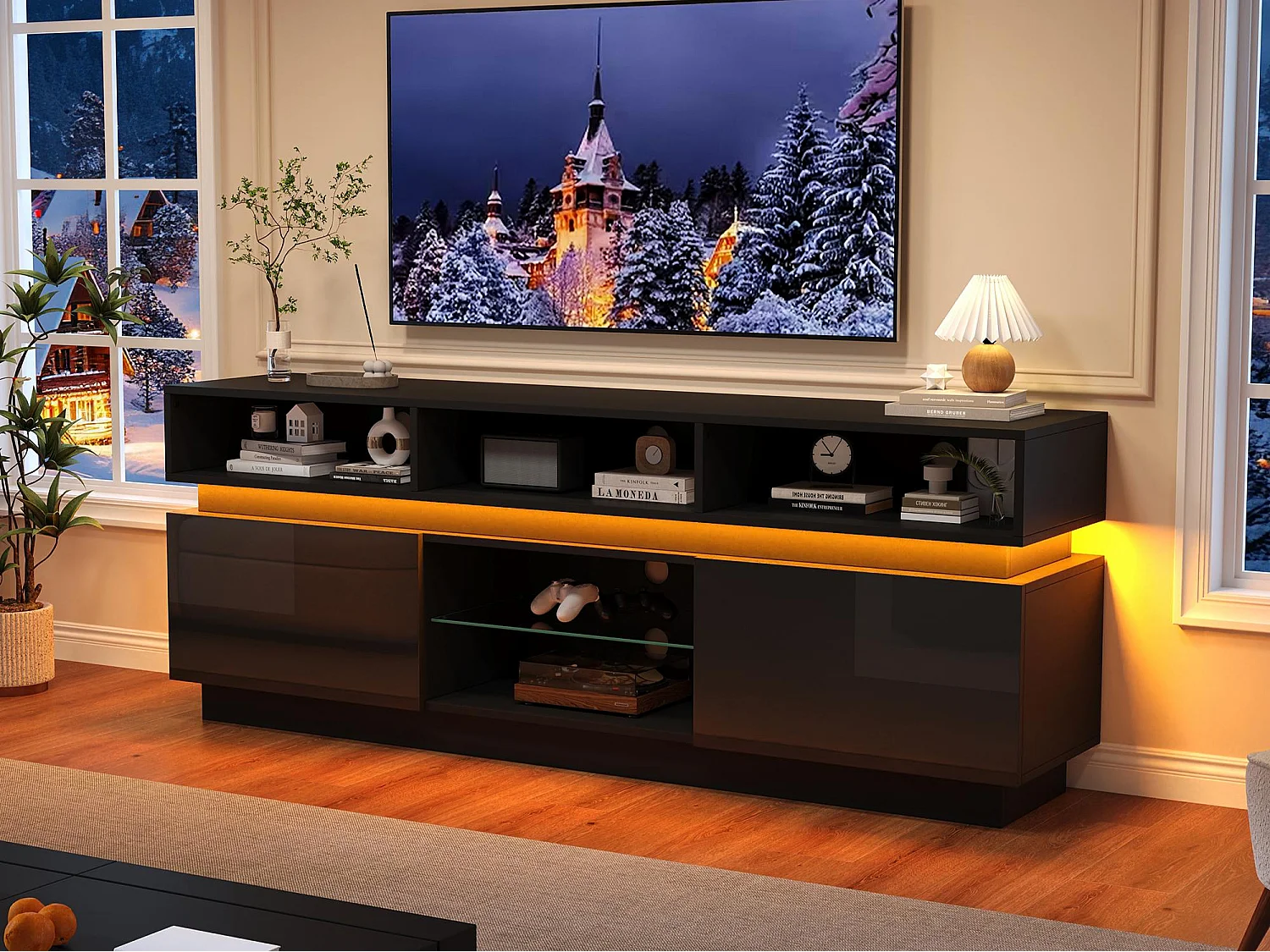 TV-Schrank 160x35x60cm mit LED-Beleuchtung - 2 Türen und Staufächer - Hochglanz-Finish - MDF - Schwarz