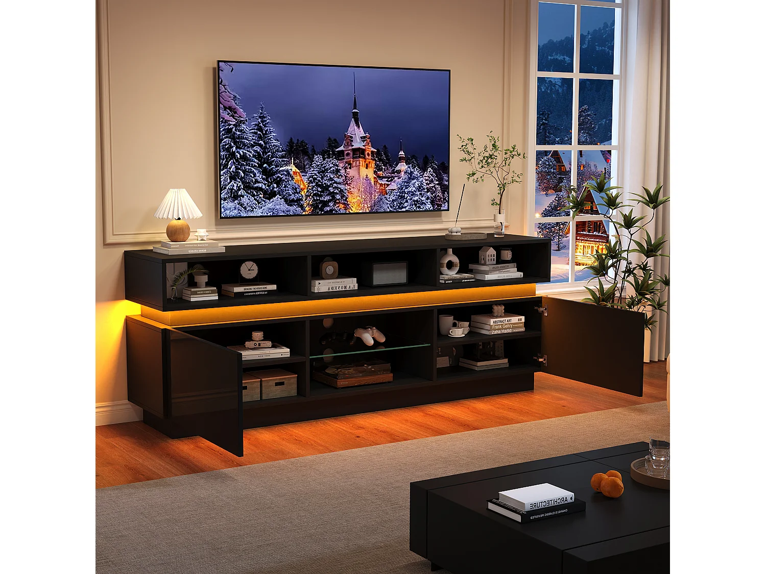 TV-Schrank 160x35x60cm mit LED-Beleuchtung - 2 Türen und Staufächer - Hochglanz-Finish - MDF - Schwarz