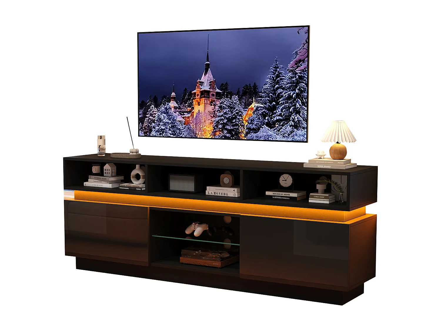 TV-Schrank 160x35x60cm mit LED-Beleuchtung - 2 Türen und Staufächer - Hochglanz-Finish - MDF - Schwarz