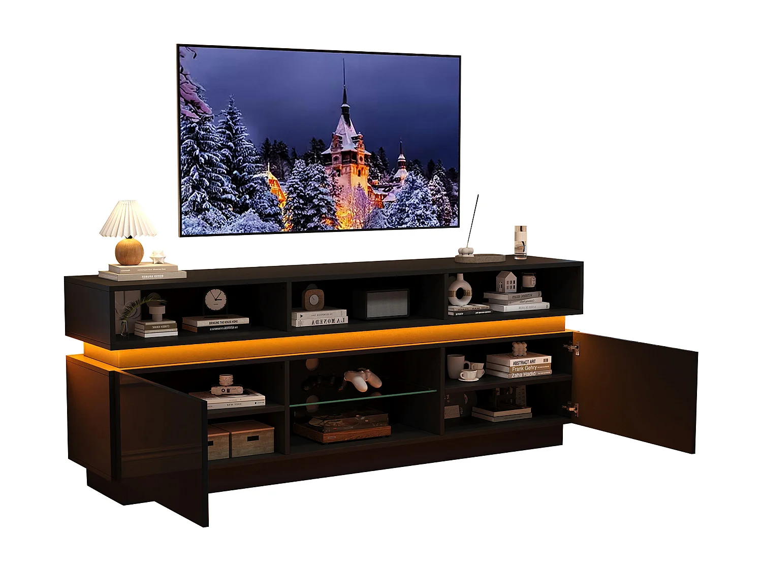 TV-Schrank 160x35x60cm mit LED-Beleuchtung - 2 Türen und Staufächer - Hochglanz-Finish - MDF - Schwarz