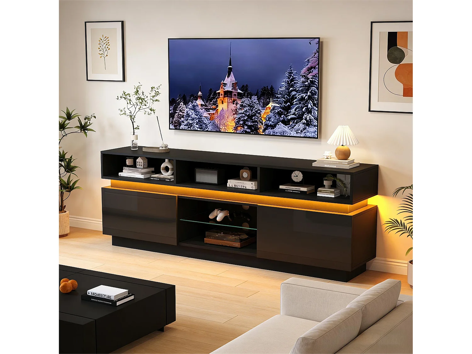 TV-Schrank 160x35x60cm mit LED-Beleuchtung - 2 Türen und Staufächer - Hochglanz-Finish - MDF - Schwarz