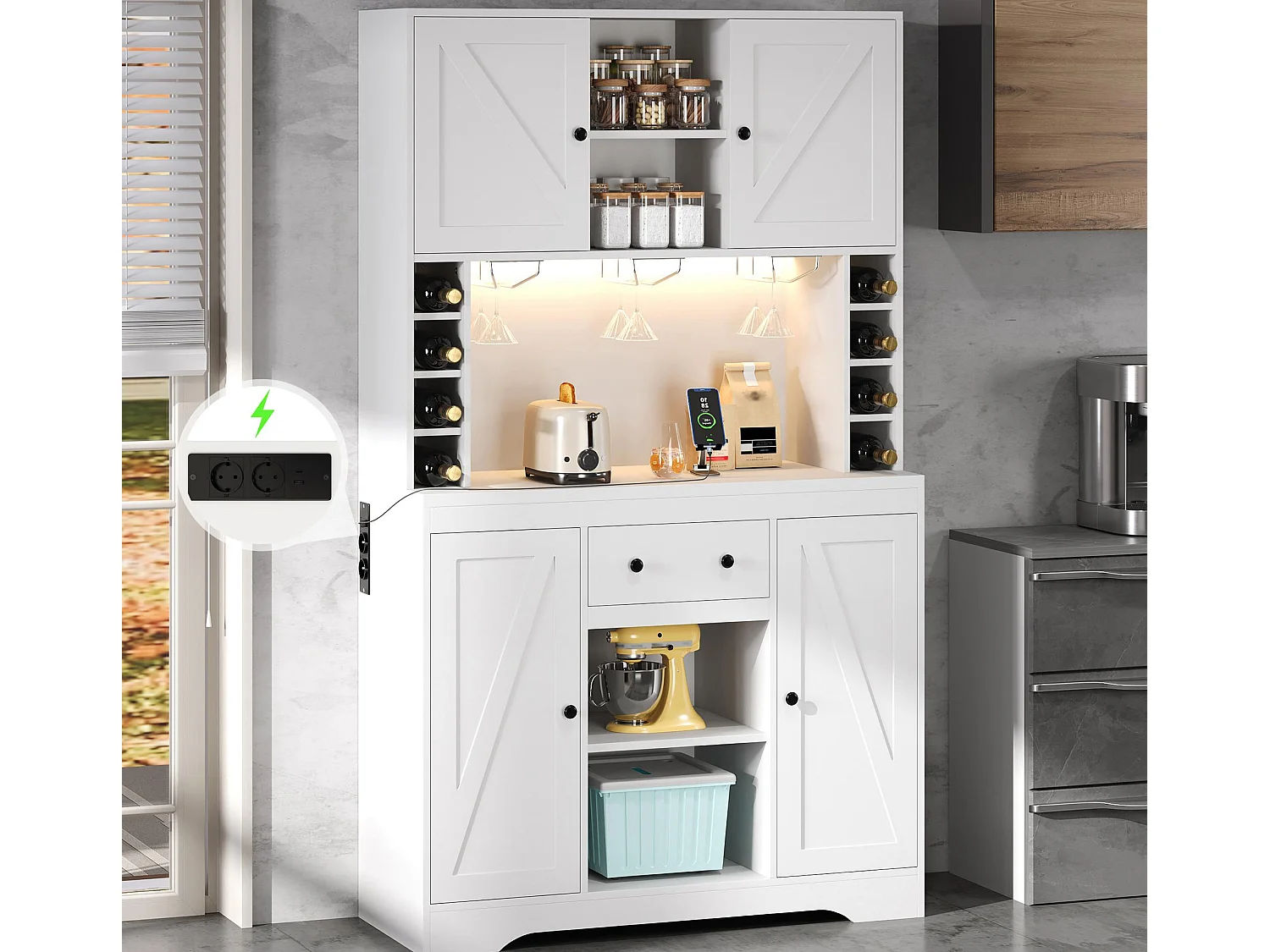 Buffet de cuisine moderne 105x40x185cm - avec éclairage LED et prise - Avec porte-verres à vin et compartiment - avec 4 portes et 1 tiroir - Blanc