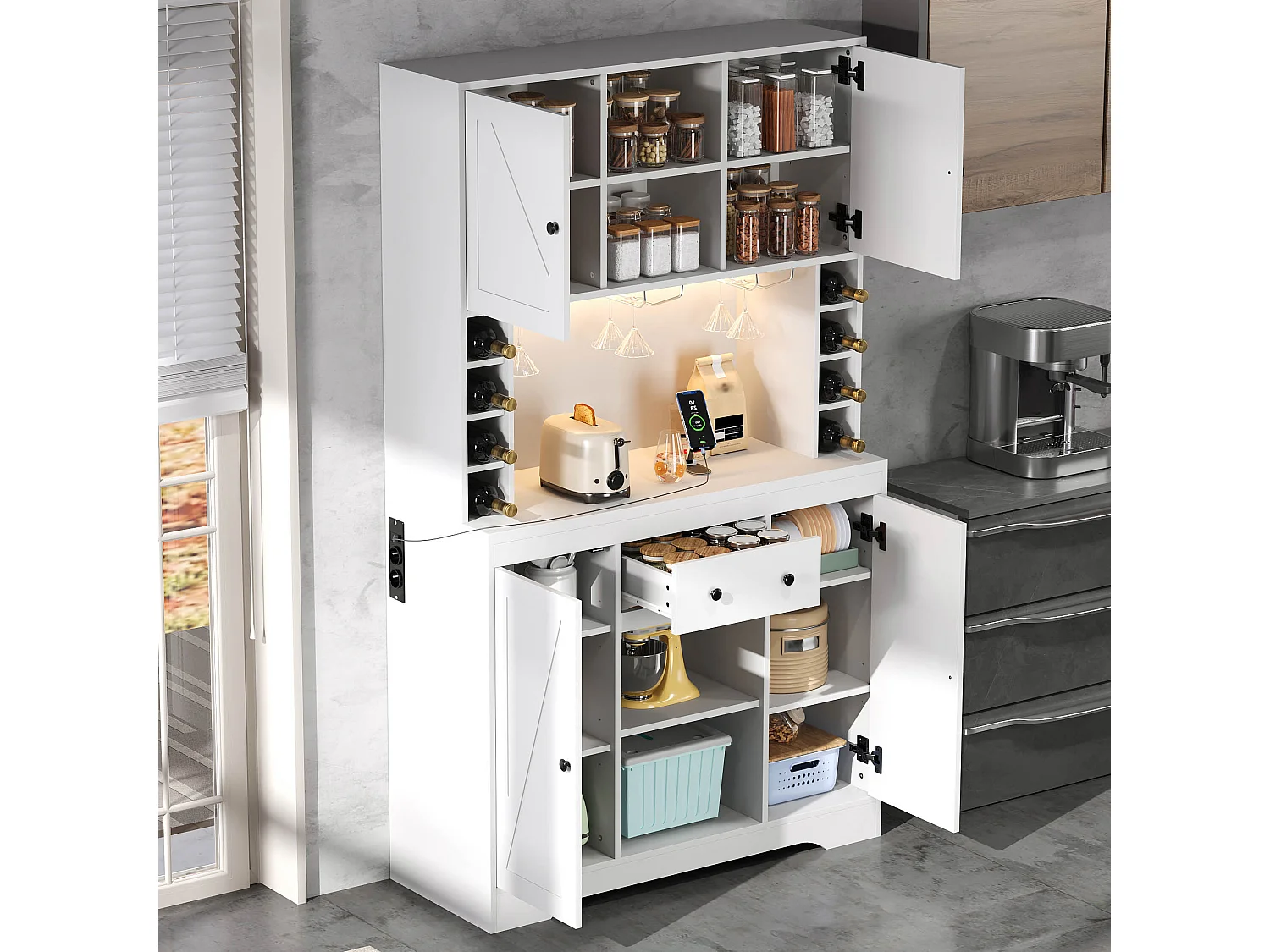 Buffet de cuisine moderne 105x40x185cm - avec éclairage LED et prise - Avec porte-verres à vin et compartiment - avec 4 portes et 1 tiroir - Blanc