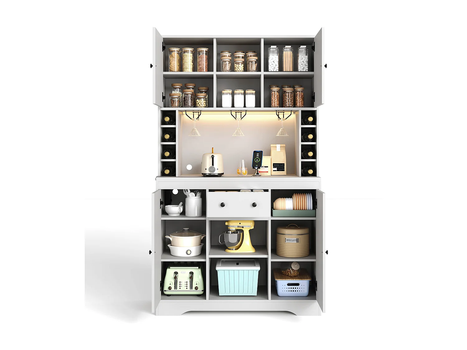 Buffet de cuisine moderne 105x40x185cm - avec éclairage LED et prise - Avec porte-verres à vin et compartiment - avec 4 portes et 1 tiroir - Blanc