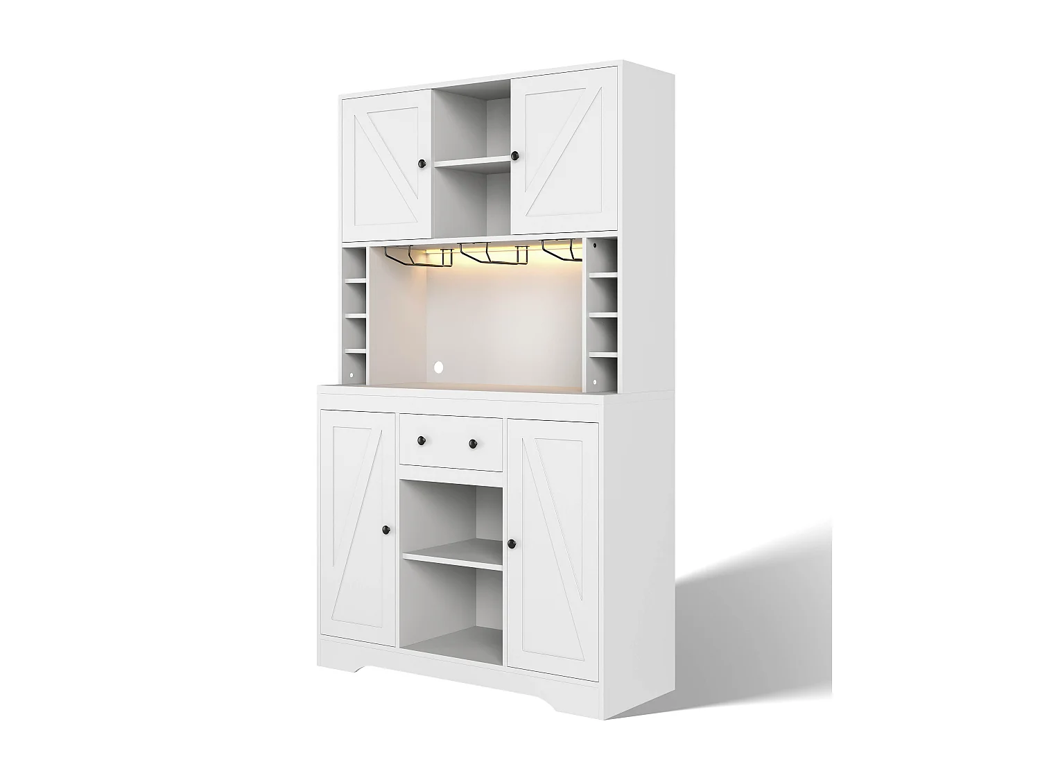Buffet de cuisine moderne 105x40x185cm - avec éclairage LED et prise - Avec porte-verres à vin et compartiment - avec 4 portes et 1 tiroir - Blanc