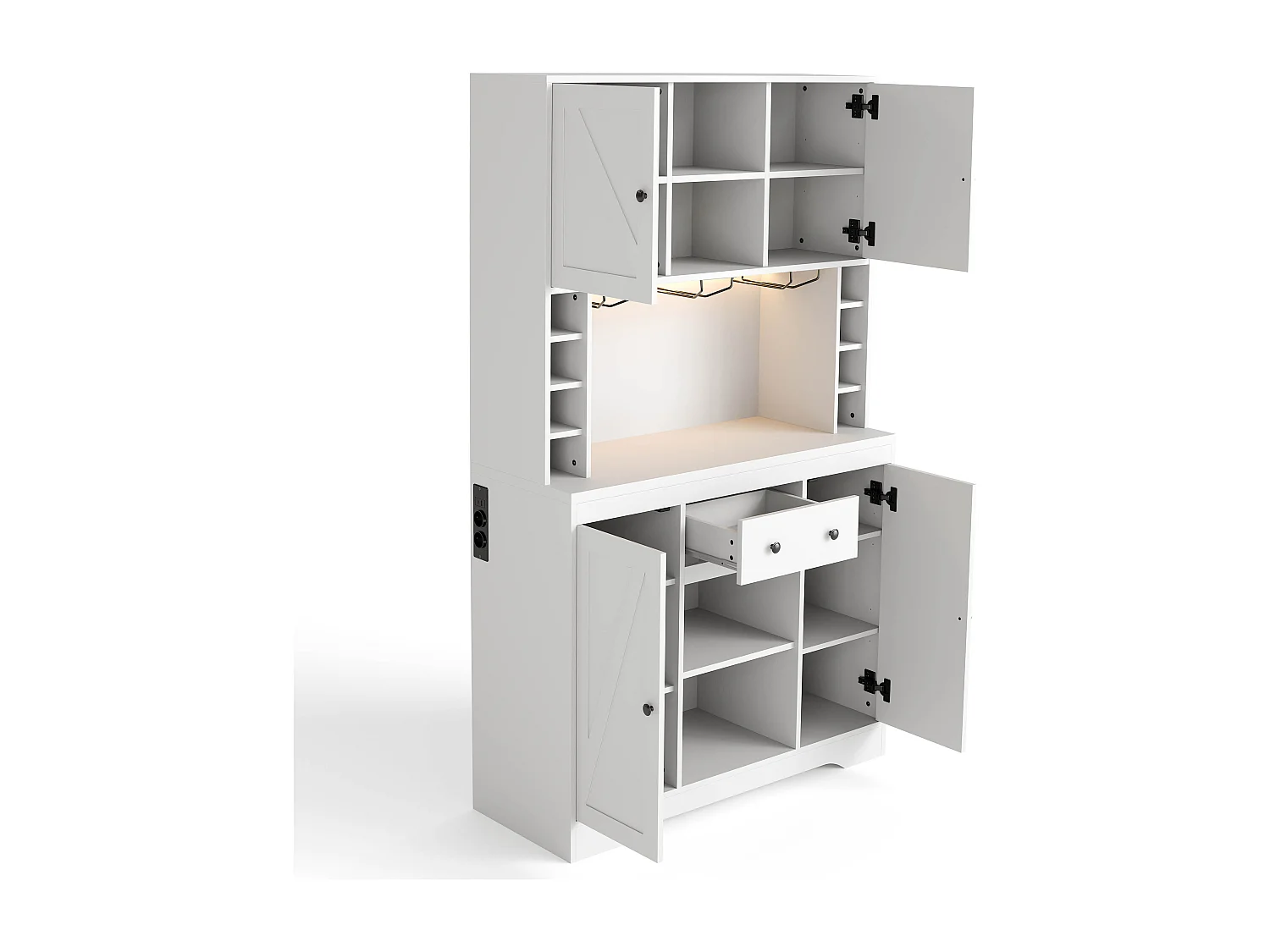 Buffet de cuisine moderne 105x40x185cm - avec éclairage LED et prise - Avec porte-verres à vin et compartiment - avec 4 portes et 1 tiroir - Blanc