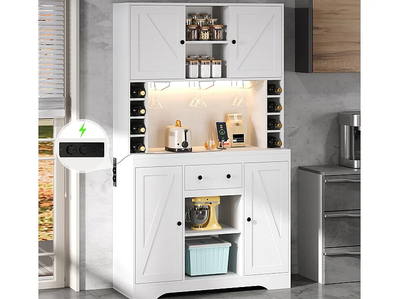 Credenza da cucina moderna 105x40x185cm - con illuminazione LED e presa di corrente - Con portabottiglie e scomparto - con 4 ante e 1 cassetto - Bianco