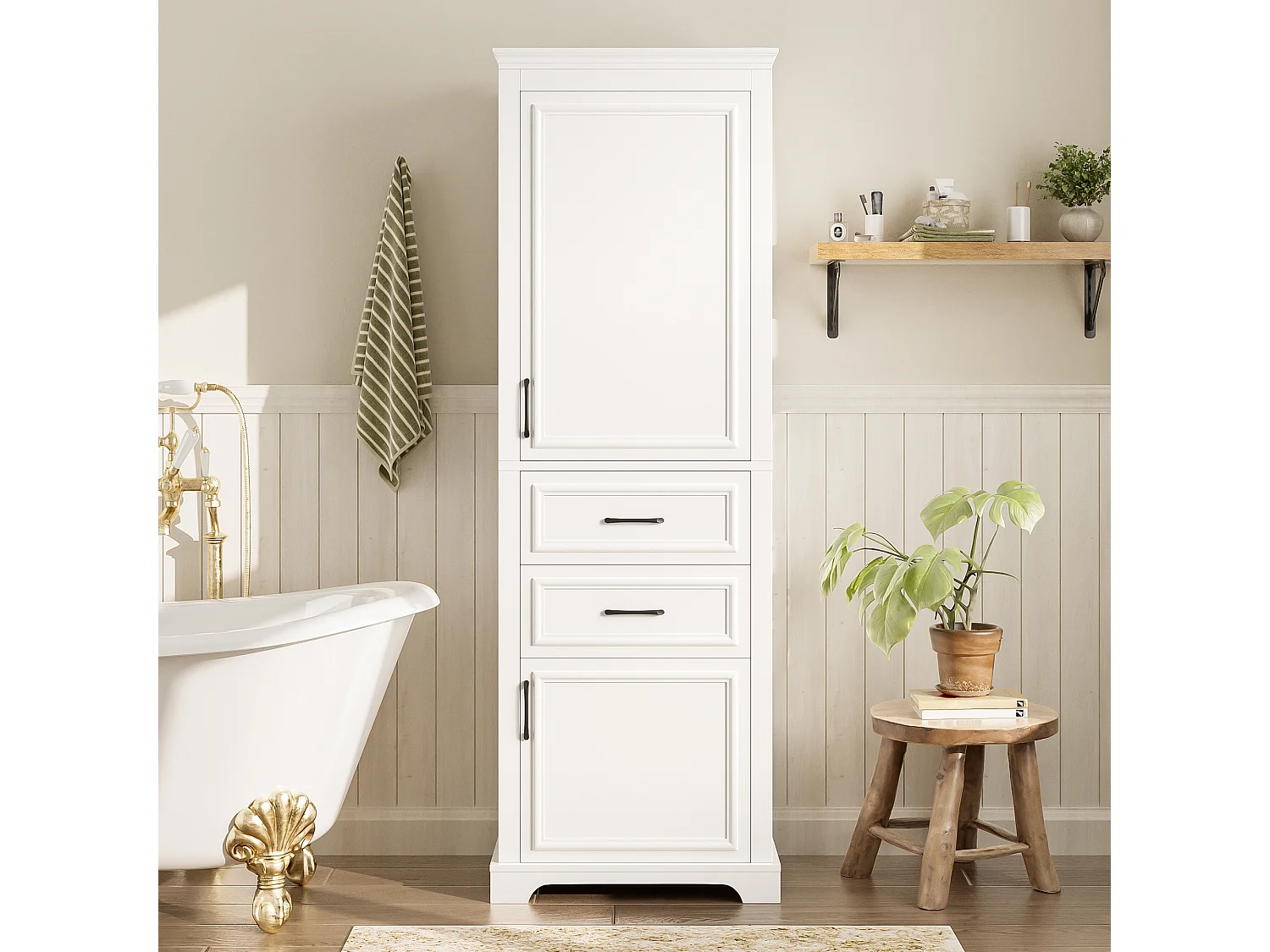 Badezimmerschrank 60x40x180 cm - mit 2 Schubladen und 2 Türen - höhenverstellbare Einlegeböden - MDF - Weiß