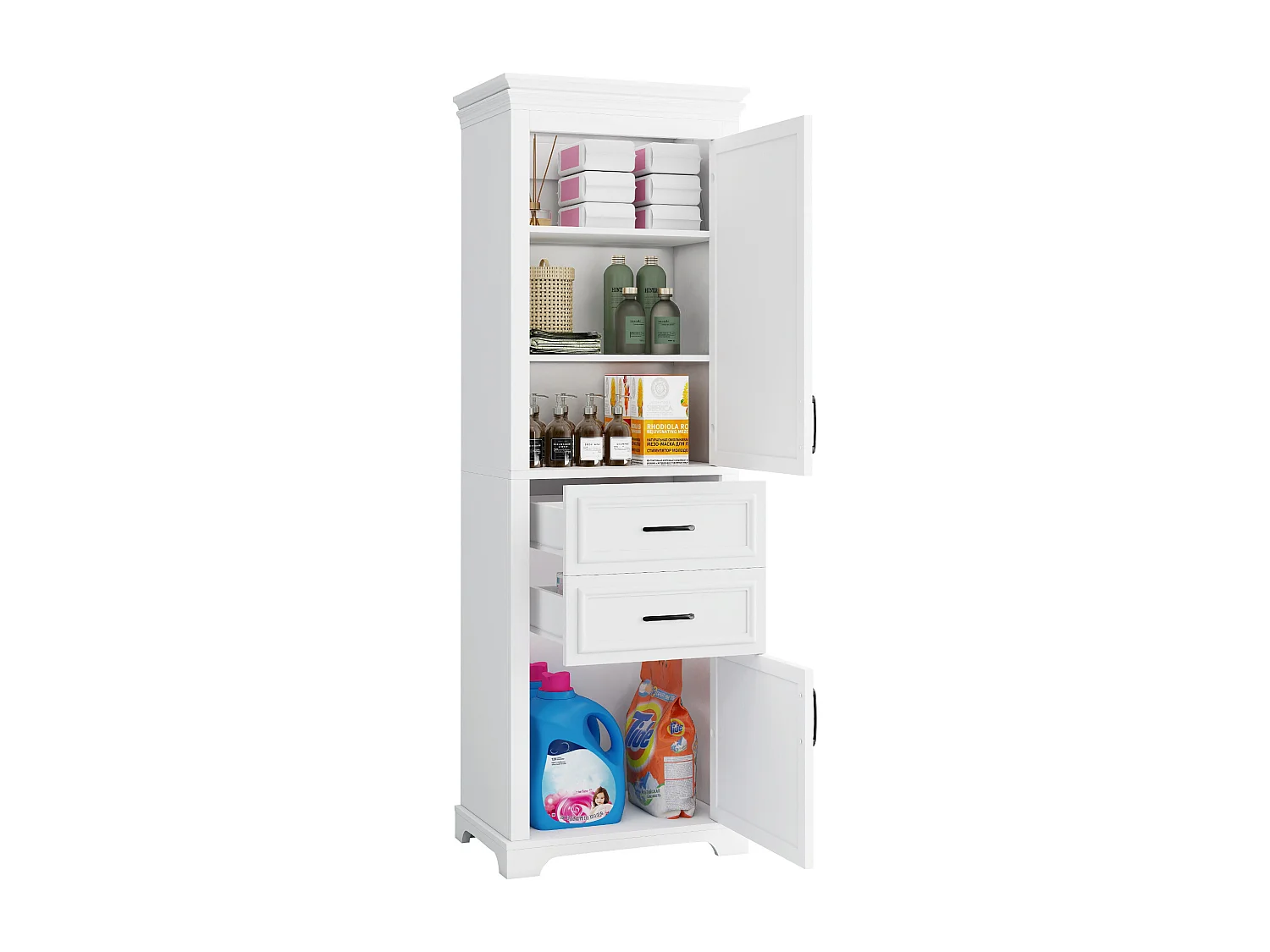 Badezimmerschrank 60x40x180 cm - mit 2 Schubladen und 2 Türen - höhenverstellbare Einlegeböden - MDF - Weiß