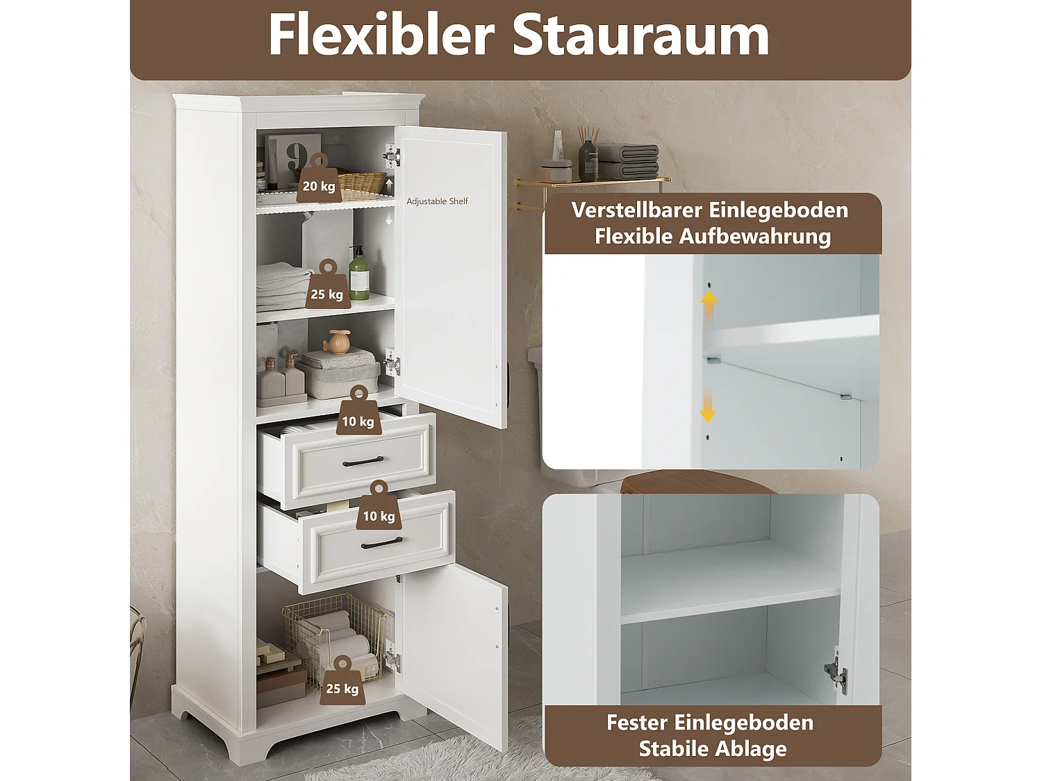 Badezimmerschrank 60x40x180 cm - mit 2 Schubladen und 2 Türen - höhenverstellbare Einlegeböden - MDF - Weiß