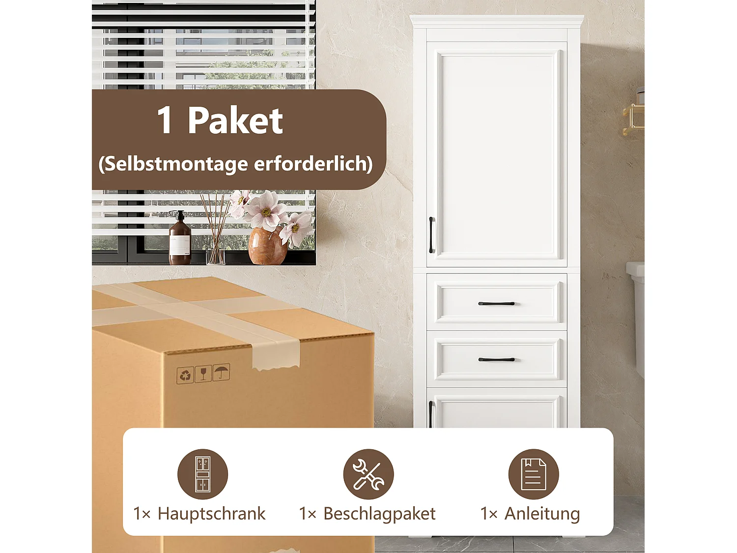 Badezimmerschrank 60x40x180 cm - mit 2 Schubladen und 2 Türen - höhenverstellbare Einlegeböden - MDF - Weiß