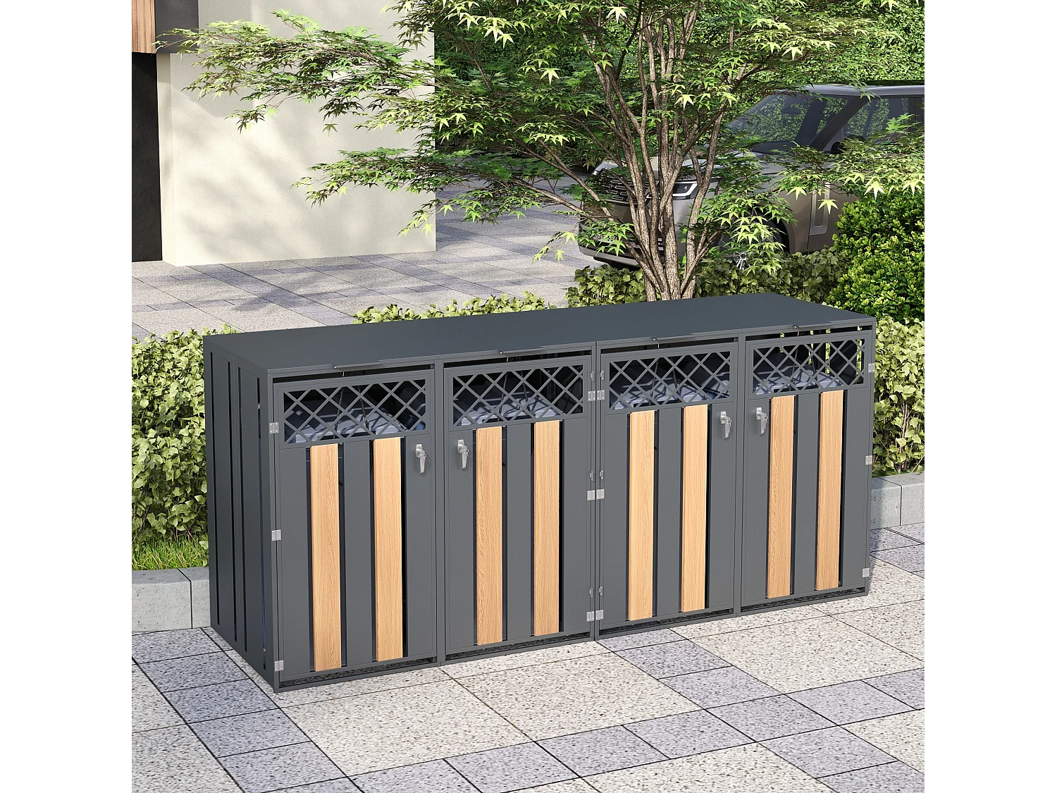 Opbergkast voor 4 tuinvuilnisbakken - 2 x 132 x 80 x 118,5 cm - met scharnierend deksel + vergrendelbaar + 4 deuren - metaal - grijs + natuur