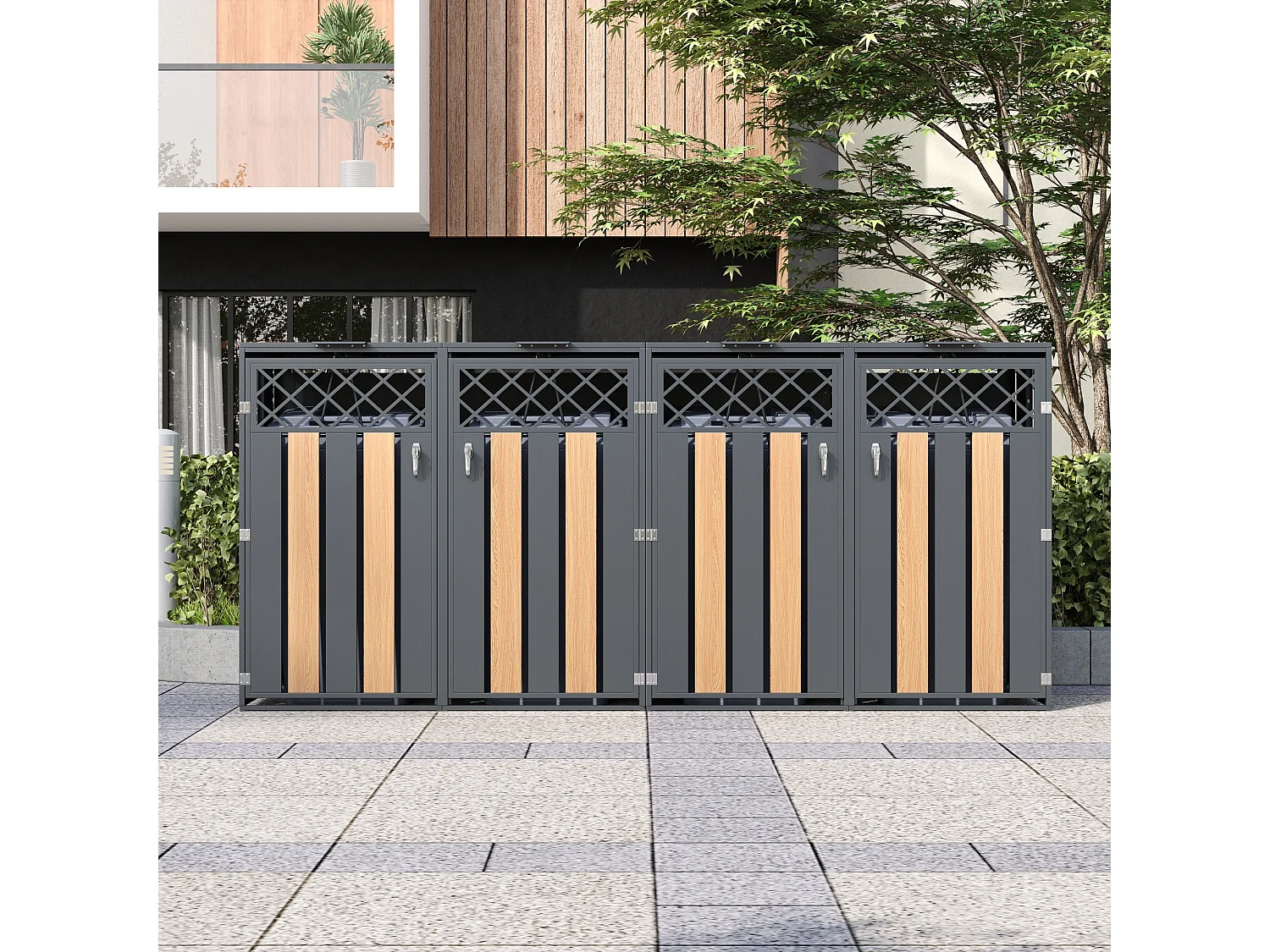 Opbergkast voor 4 tuinvuilnisbakken - 2 x 132 x 80 x 118,5 cm - met scharnierend deksel + vergrendelbaar + 4 deuren - metaal - grijs + natuur