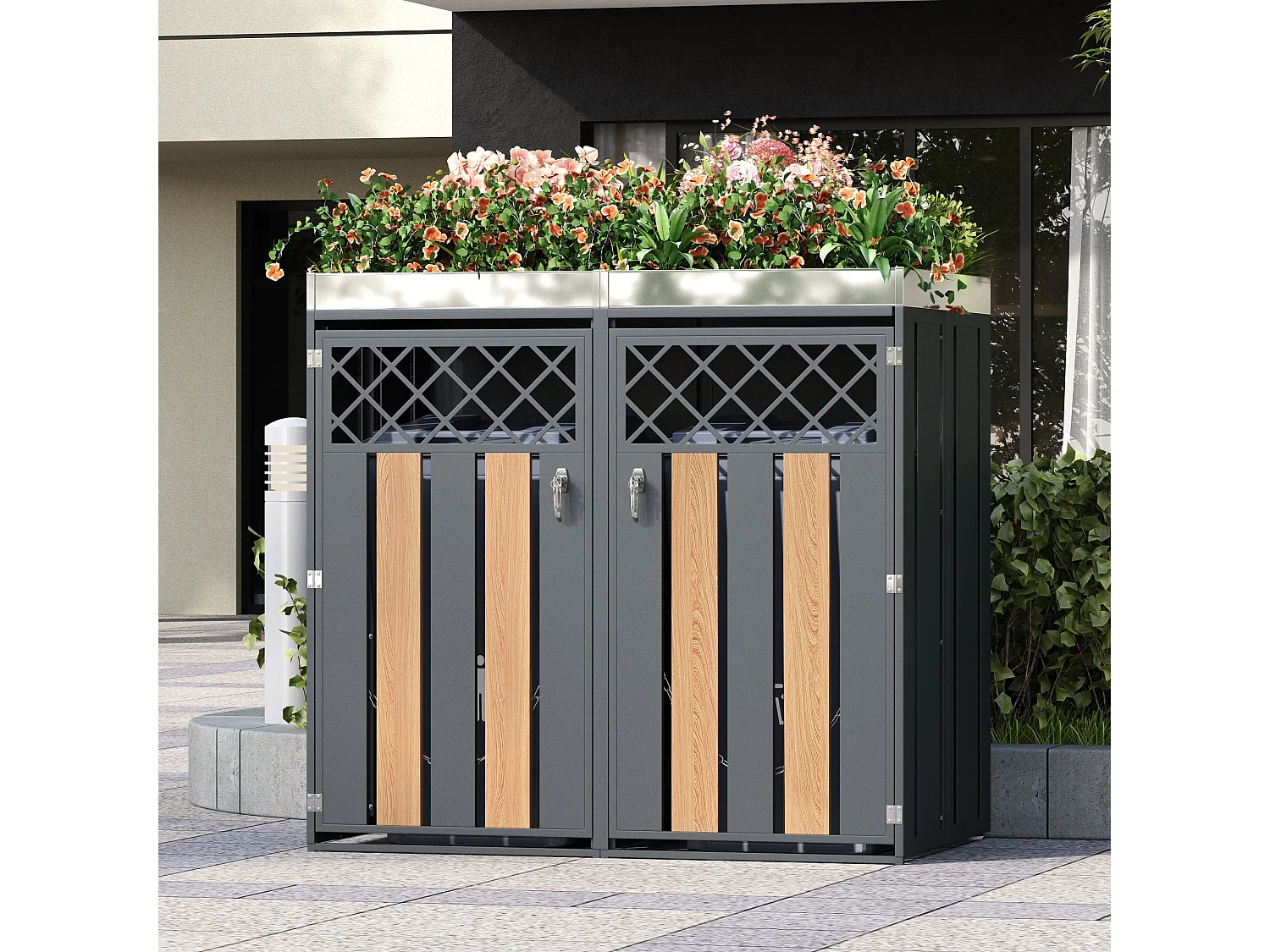 Vuilnisbakkenhuis met ventilatiegaten - 132 x 80 x 124,5 cm - met 2 deuren - metaal - grijs