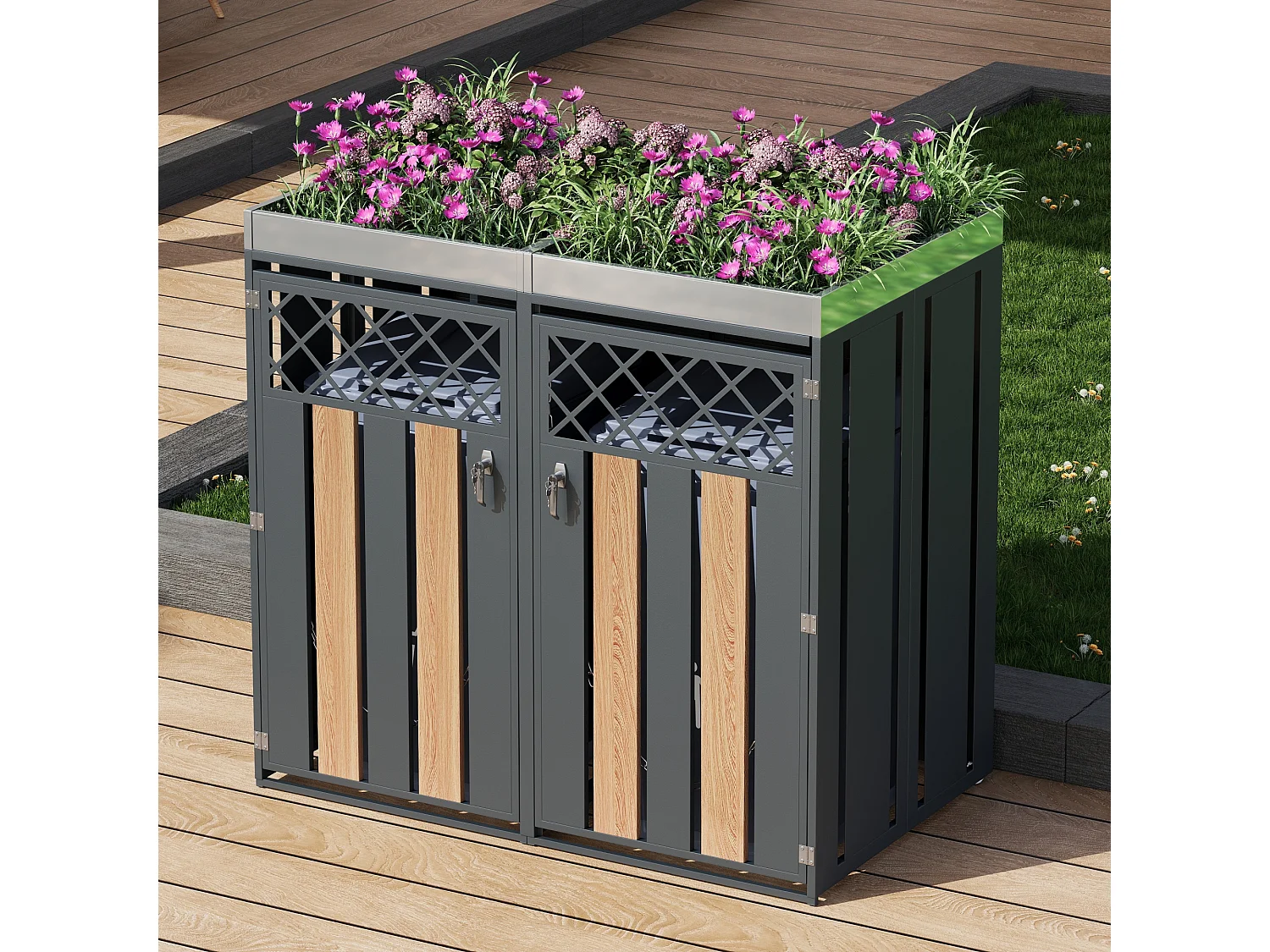 Vuilnisbakkenhuis met ventilatiegaten - 132 x 80 x 124,5 cm - met 2 deuren - metaal - grijs