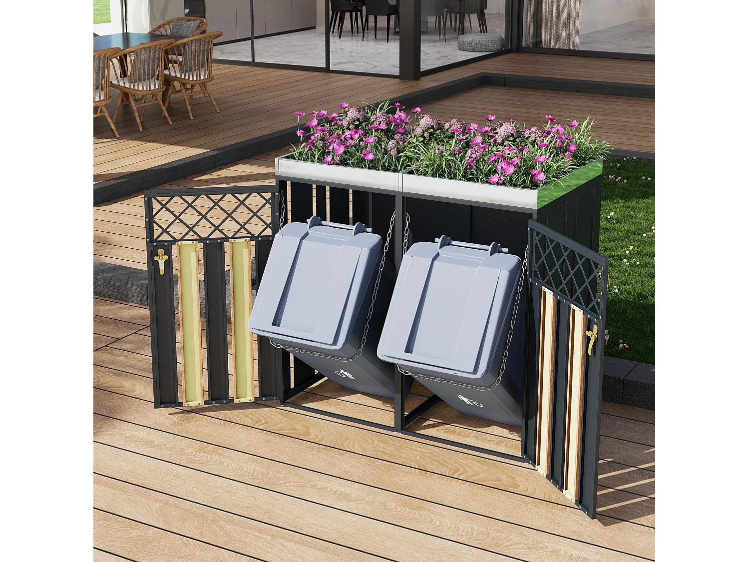 Vuilnisbakkenhuis met ventilatiegaten - 132 x 80 x 124,5 cm - met 2 deuren - metaal - grijs