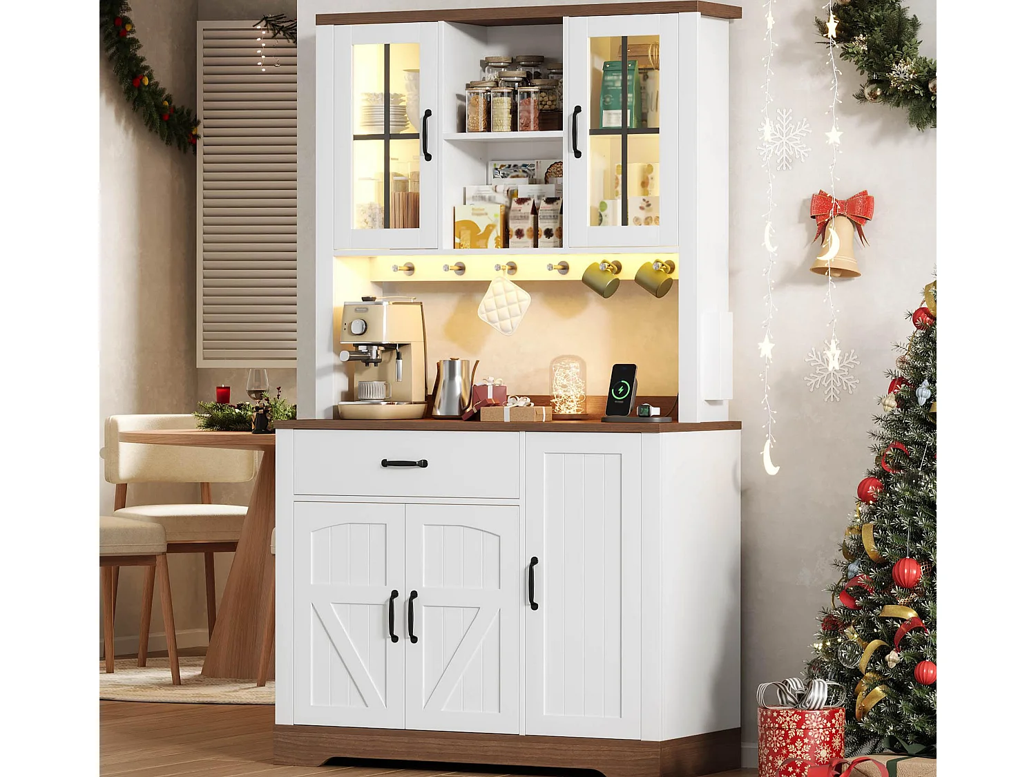 Buffet de cuisine moderne 105x40x185cm - avec éclairage LED et prise - avec étagère réglable - tiroirs et crochets - Blanc