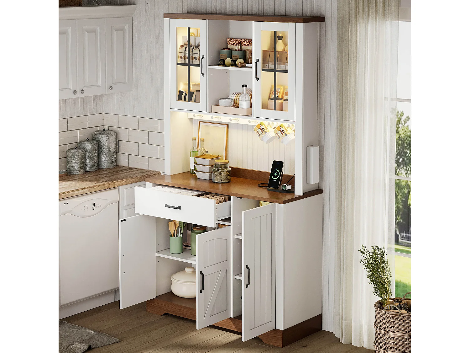 Buffet de cuisine moderne 105x40x185cm - avec éclairage LED et prise - avec étagère réglable - tiroirs et crochets - Blanc