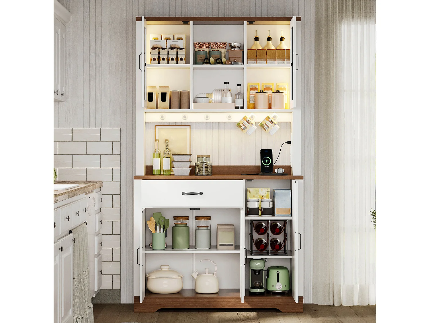 Buffet de cuisine moderne 105x40x185cm - avec éclairage LED et prise - avec étagère réglable - tiroirs et crochets - Blanc