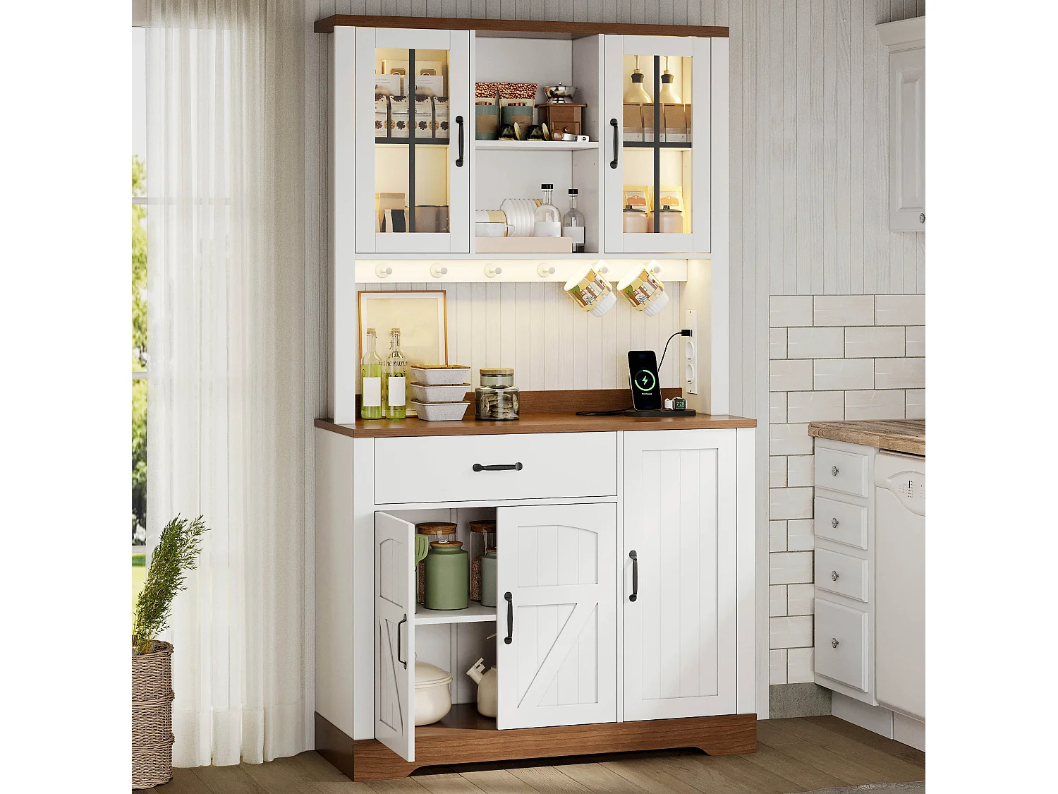 Buffet de cuisine moderne 105x40x185cm - avec éclairage LED et prise - avec étagère réglable - tiroirs et crochets - Blanc