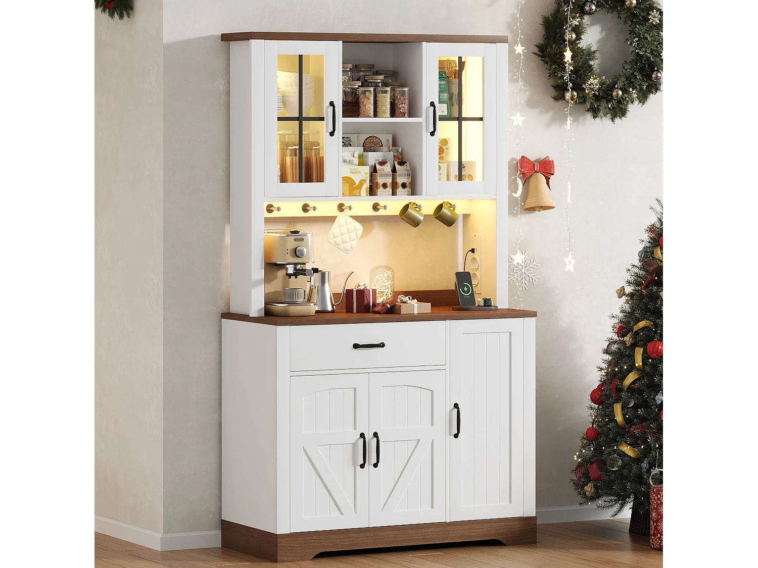 Buffet de cuisine moderne 105x40x185cm - avec éclairage LED et prise - avec étagère réglable - tiroirs et crochets - Blanc