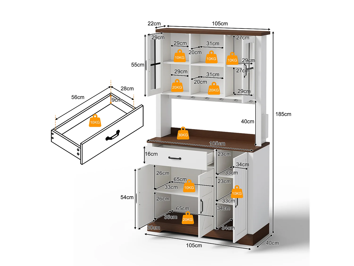 Buffet de cuisine moderne 105x40x185cm - avec éclairage LED et prise - avec étagère réglable - tiroirs et crochets - Blanc