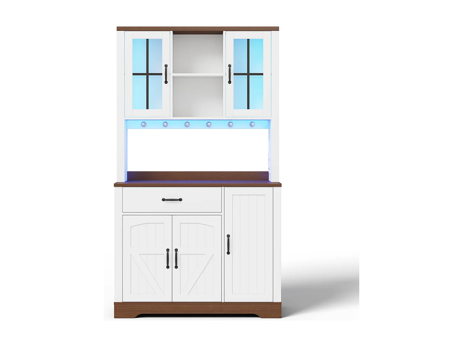 Buffet de cuisine moderne 105x40x185cm - avec éclairage LED et prise - avec étagère réglable - tiroirs et crochets - Blanc