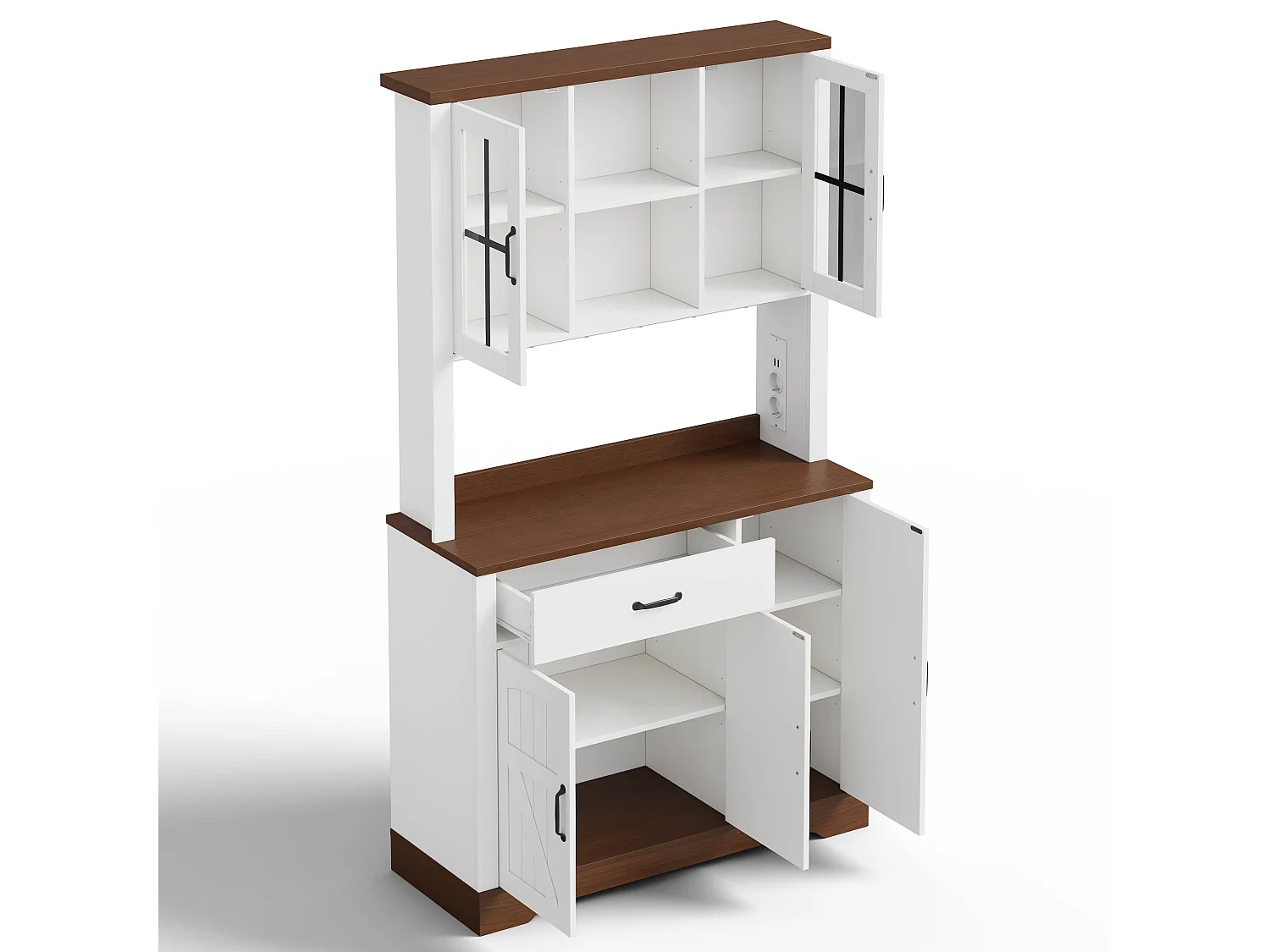 Buffet de cuisine moderne 105x40x185cm - avec éclairage LED et prise - avec étagère réglable - tiroirs et crochets - Blanc