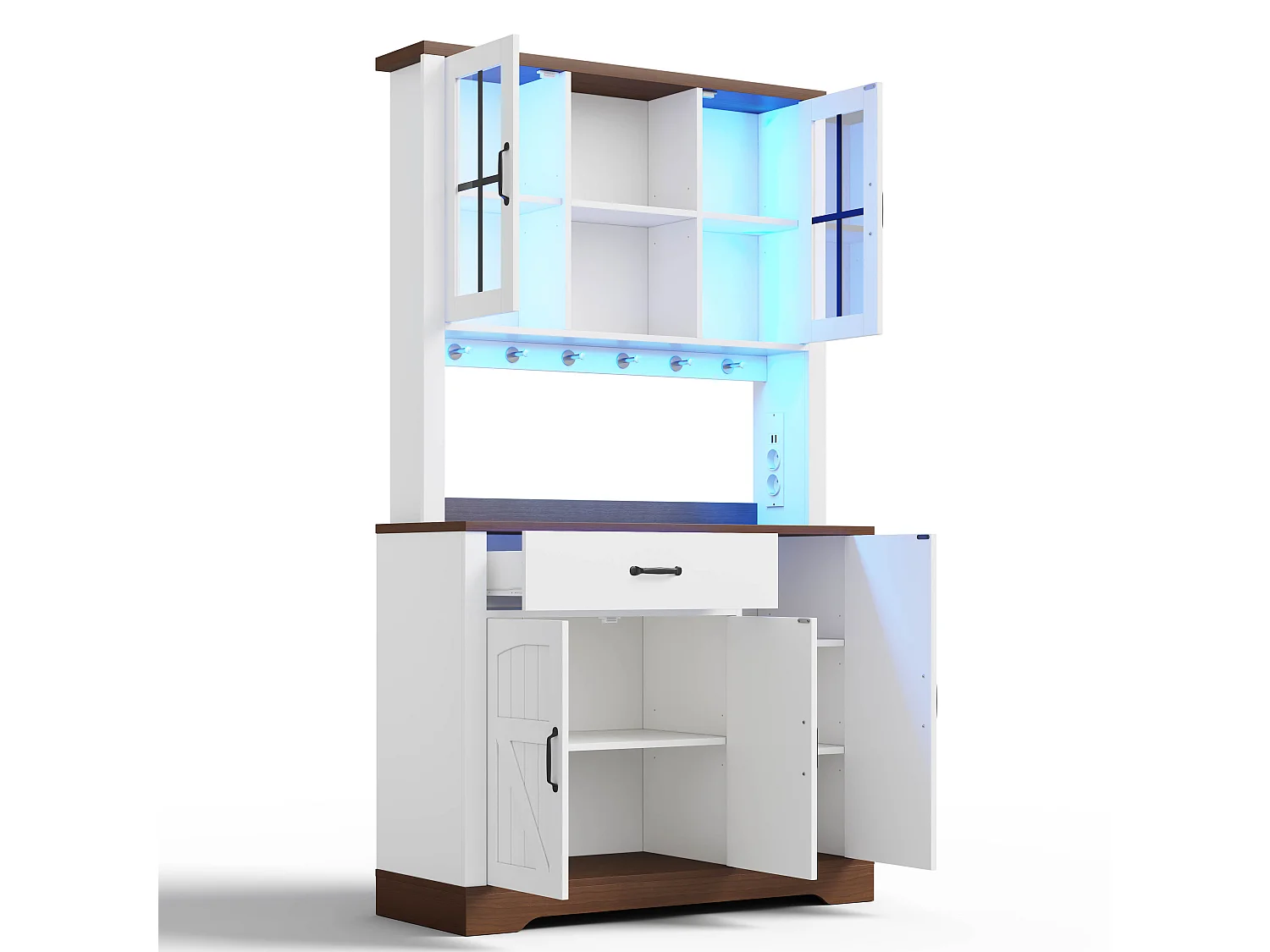 Buffet de cuisine moderne 105x40x185cm - avec éclairage LED et prise - avec étagère réglable - tiroirs et crochets - Blanc