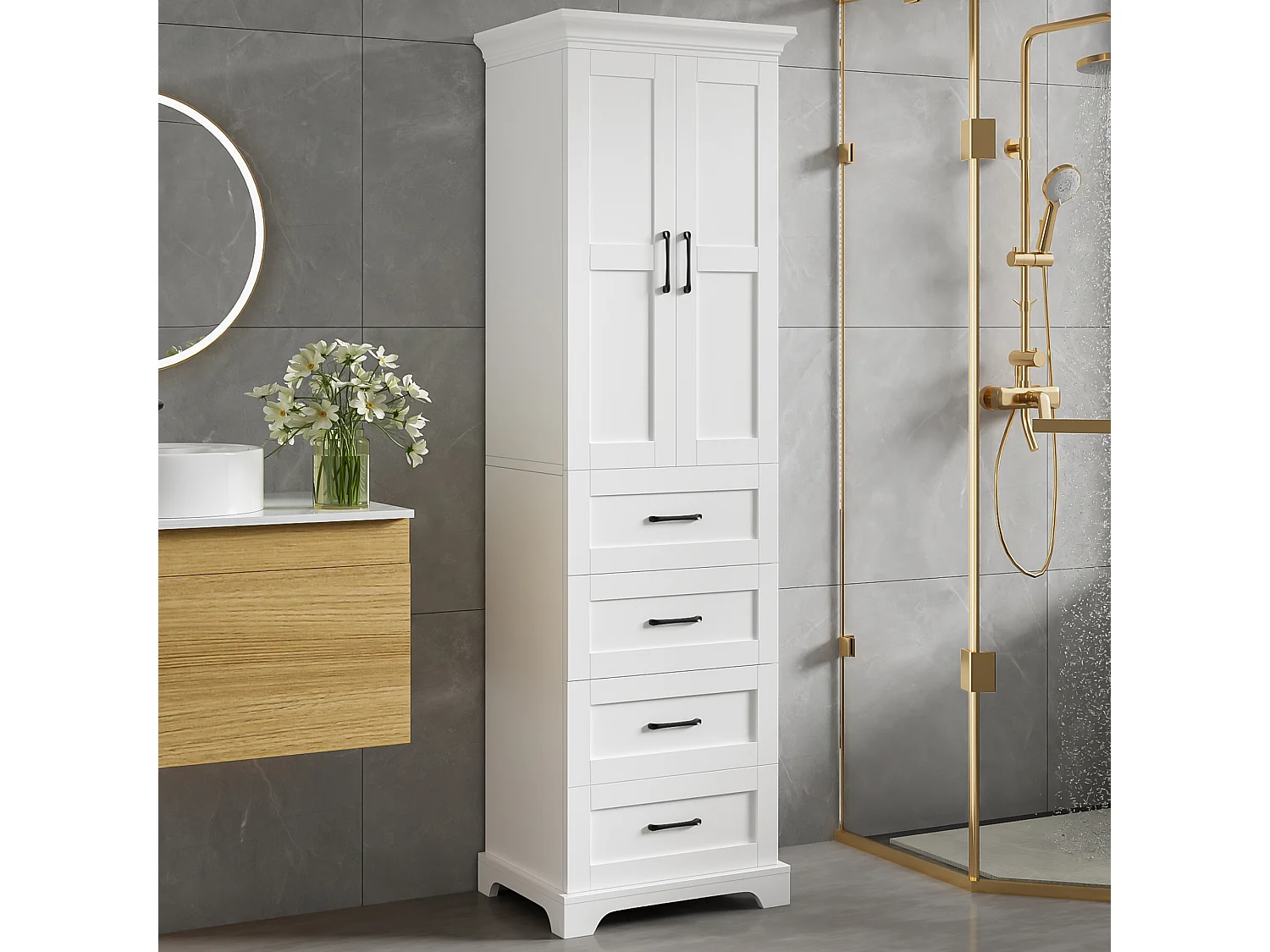 Badezimmerschrank 57x38x180 cm - mit 3 Schubladen und 2 Türen - höhenverstellbare Einlegeböden - MDF - Weiß