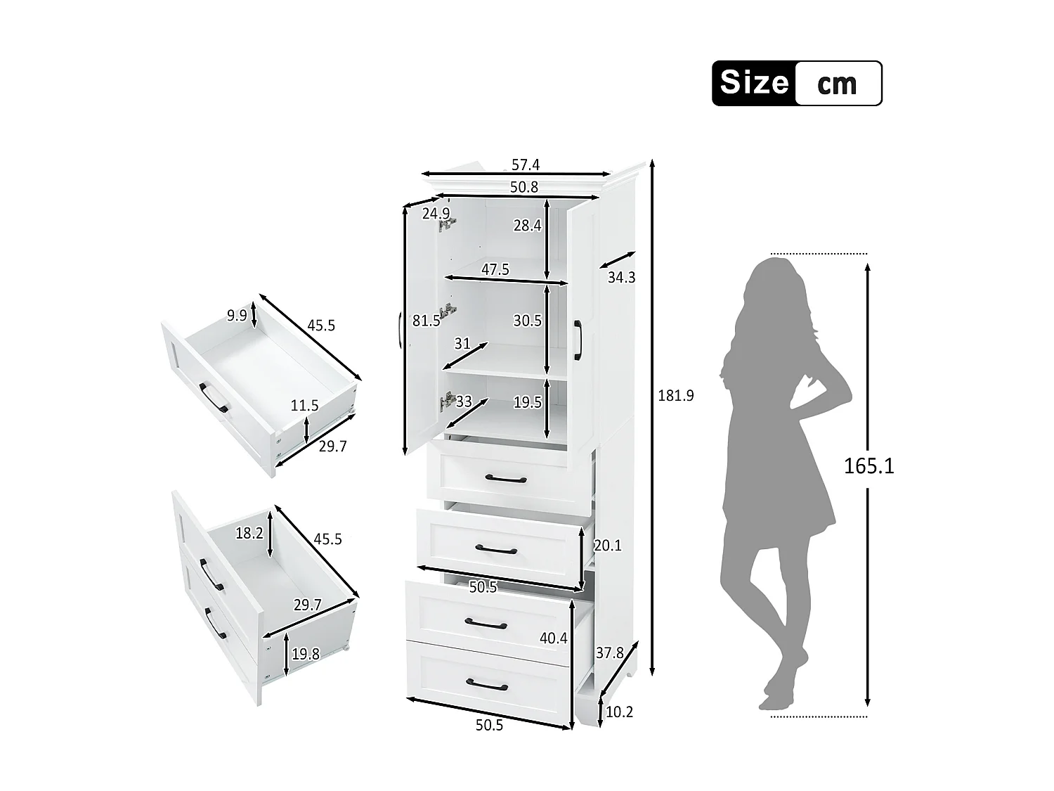 Badezimmerschrank 57x38x180 cm - mit 3 Schubladen und 2 Türen - höhenverstellbare Einlegeböden - MDF - Weiß