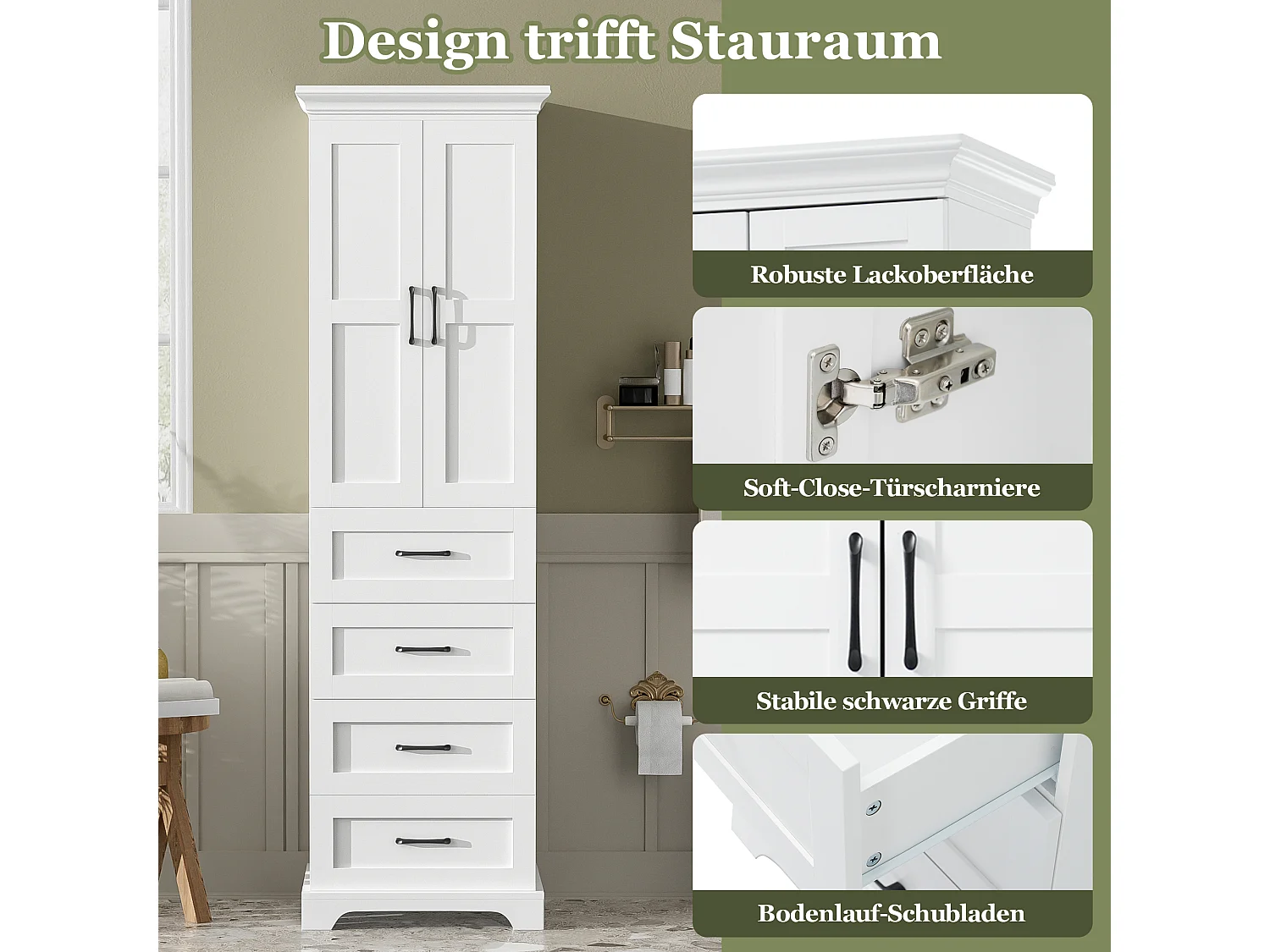 Badezimmerschrank 57x38x180 cm - mit 3 Schubladen und 2 Türen - höhenverstellbare Einlegeböden - MDF - Weiß