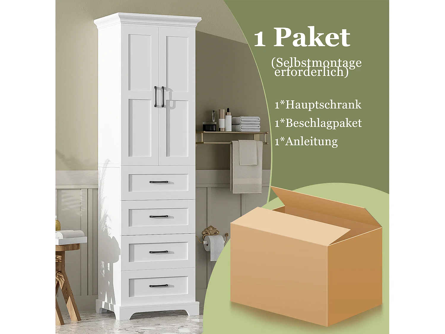 Badezimmerschrank 57x38x180 cm - mit 3 Schubladen und 2 Türen - höhenverstellbare Einlegeböden - MDF - Weiß