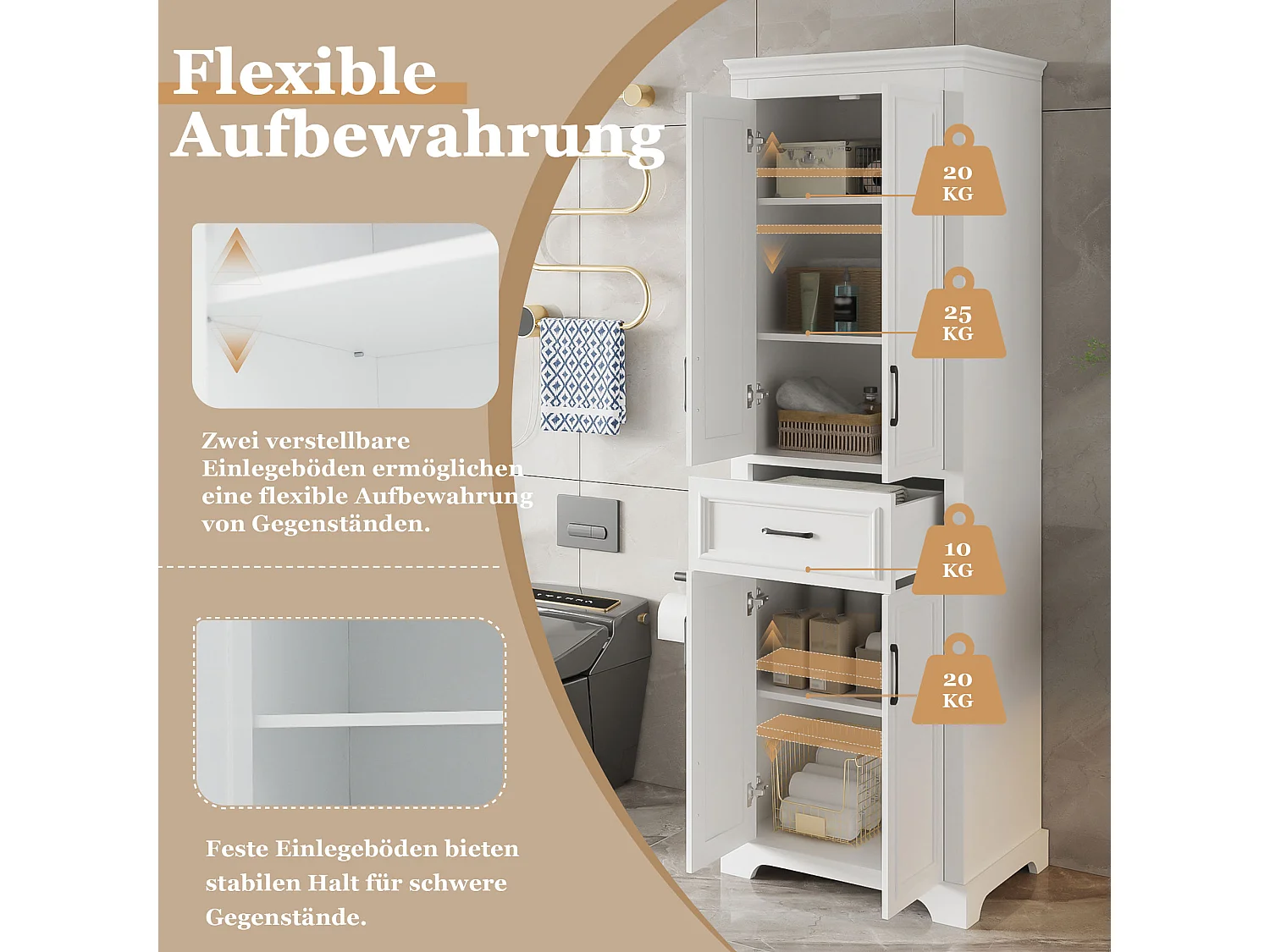 Szafka łazienkowa 60 × 40 × 180 cm - z 1 szufladą i 4 drzwiami - regulowane półki - MDF - Biała
