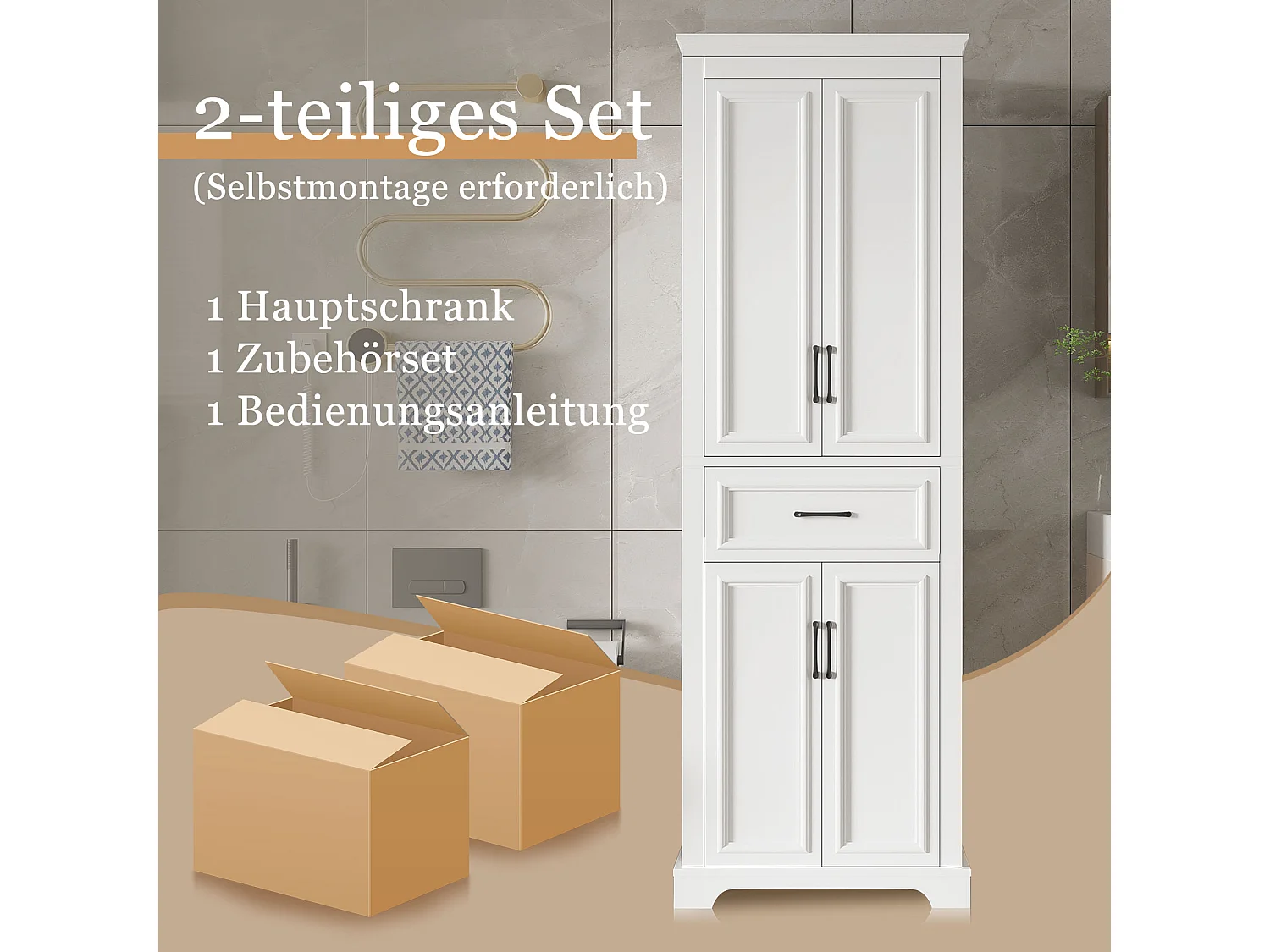 Szafka łazienkowa 60 × 40 × 180 cm - z 1 szufladą i 4 drzwiami - regulowane półki - MDF - Biała