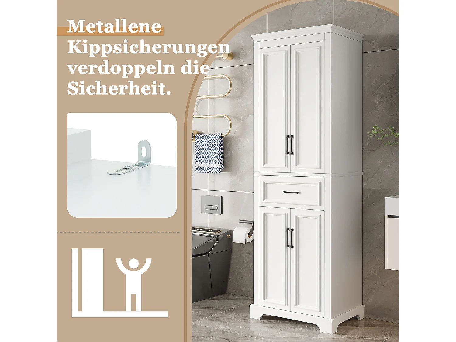 Szafka łazienkowa 60 × 40 × 180 cm - z 1 szufladą i 4 drzwiami - regulowane półki - MDF - Biała