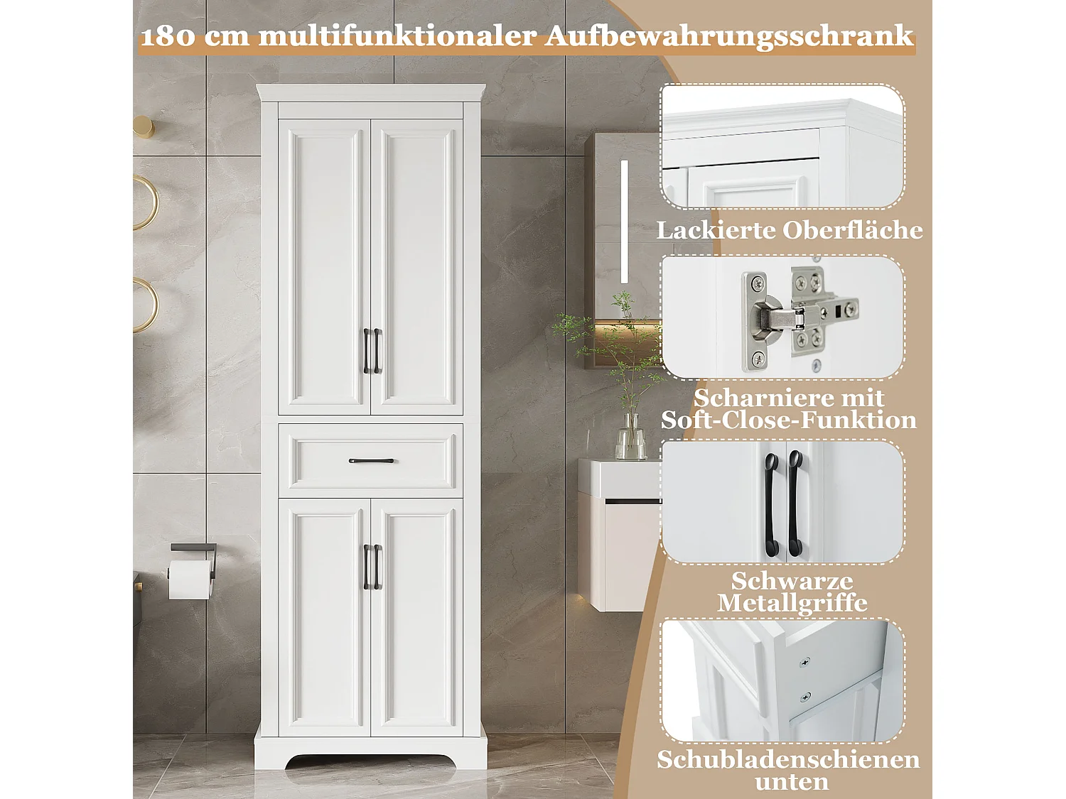 Szafka łazienkowa 60 × 40 × 180 cm - z 1 szufladą i 4 drzwiami - regulowane półki - MDF - Biała