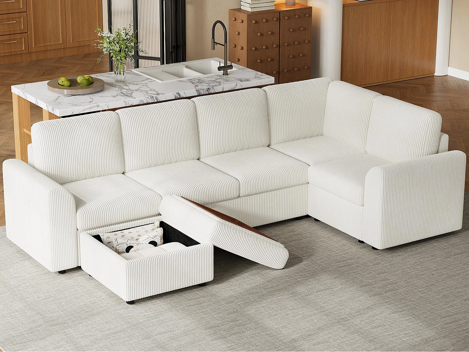 Sofá de esquina en chenilla en forma de L - con reposabrazos - con 1 reposapiés multifuncional portátil - Beige