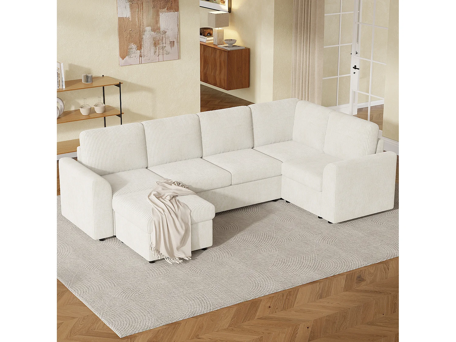 Sofá de esquina en chenilla en forma de L - con reposabrazos - con 1 reposapiés multifuncional portátil - Beige