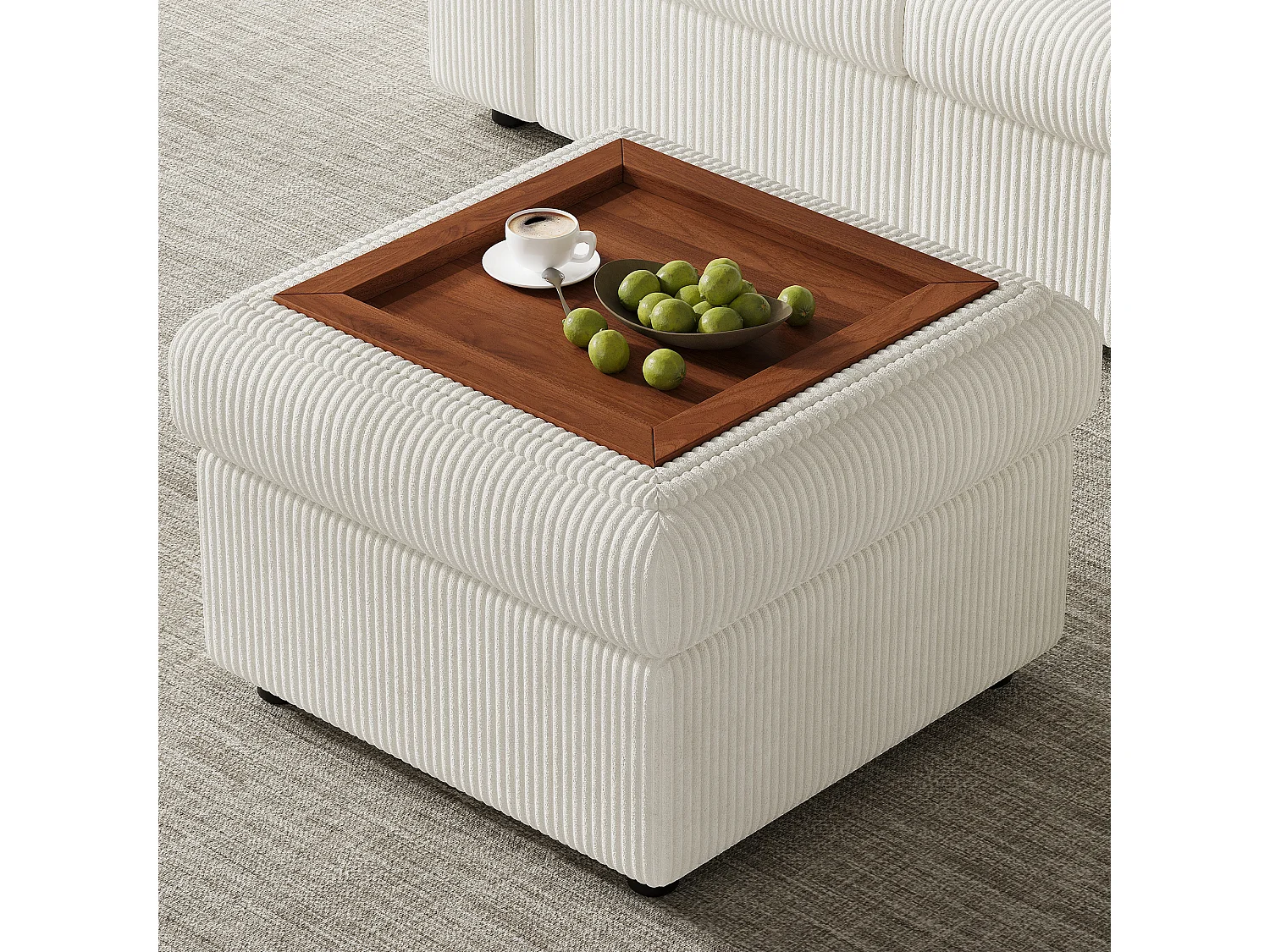 Sofá de esquina en chenilla en forma de L - con reposabrazos - con 1 reposapiés multifuncional portátil - Beige