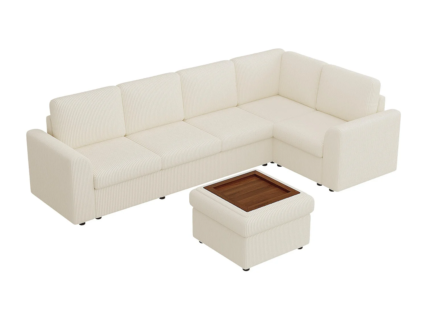 Sofá de esquina en chenilla en forma de L - con reposabrazos - con 1 reposapiés multifuncional portátil - Beige