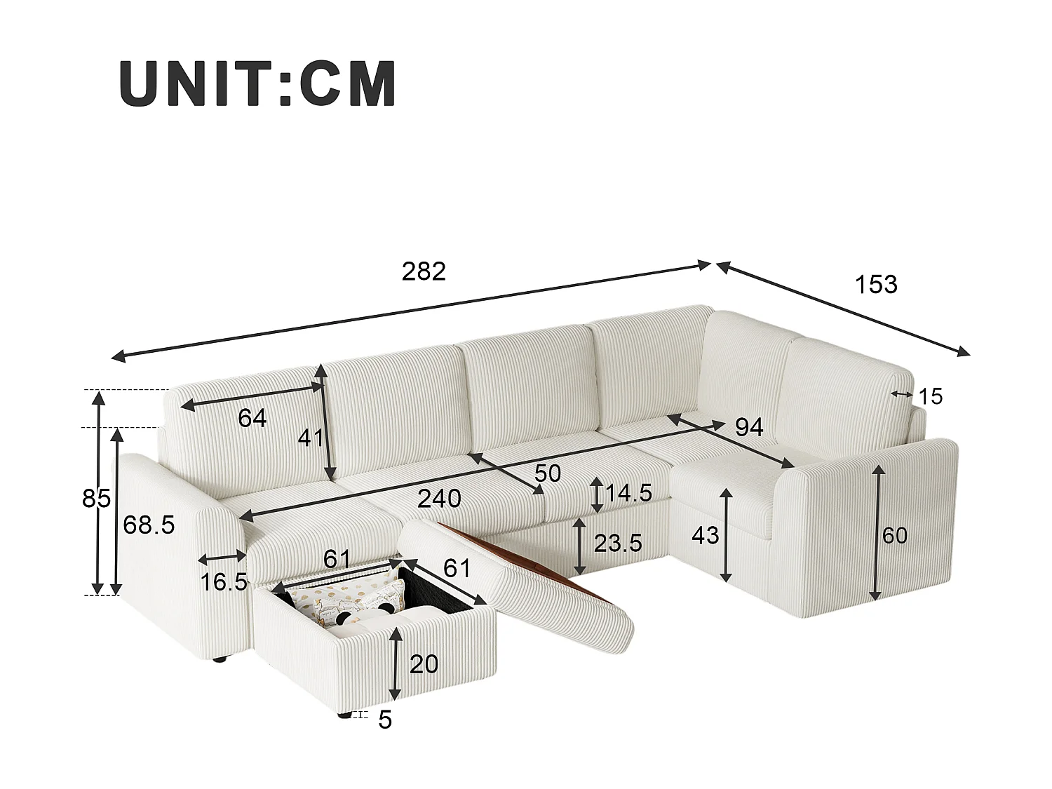 Sofá de esquina en chenilla en forma de L - con reposabrazos - con 1 reposapiés multifuncional portátil - Beige