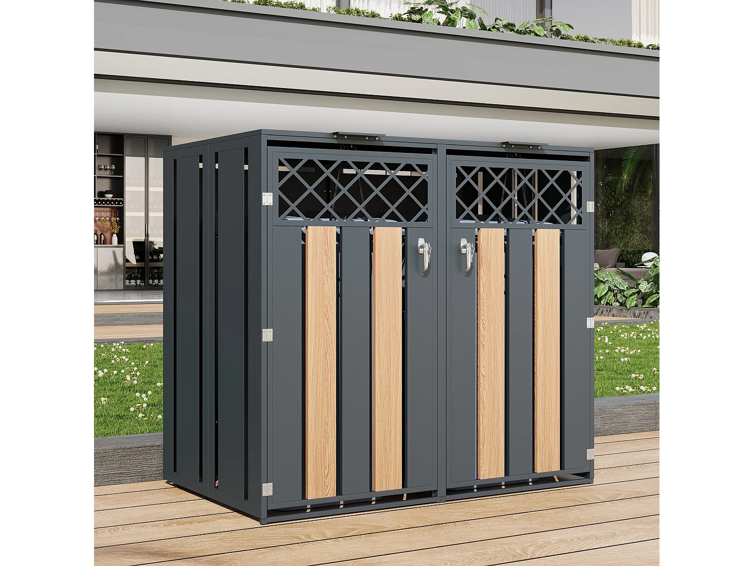 Opbergkast voor 2 tuinvuilnisbakken - 132 x 80 x 118,5 cm - met scharnierend deksel + vergrendelbaar + 2 deuren - metaal - grijs + natuur