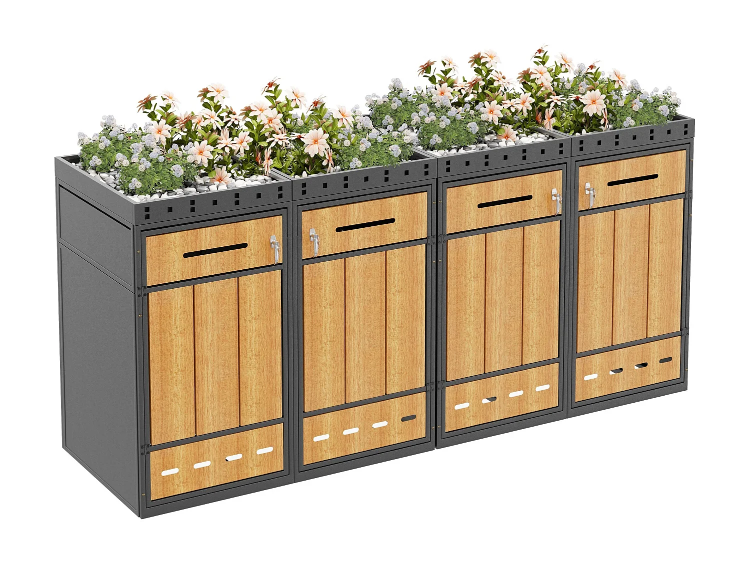 Vuilnisbakkenhuis met groen dak - 2 x 132 x 80 x 124 cm - capaciteit 120-240 liter - met 4 deuren - metaal - grijs + natuur