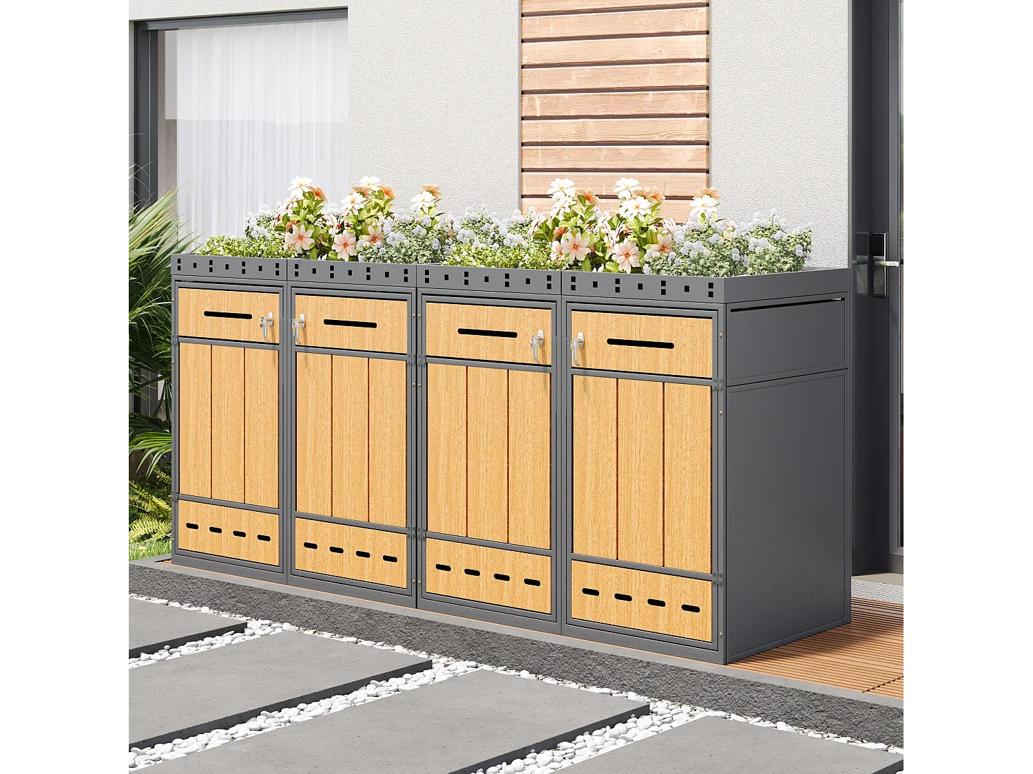 Vuilnisbakkenhuis met groen dak - 2 x 132 x 80 x 124 cm - capaciteit 120-240 liter - met 4 deuren - metaal - grijs + natuur