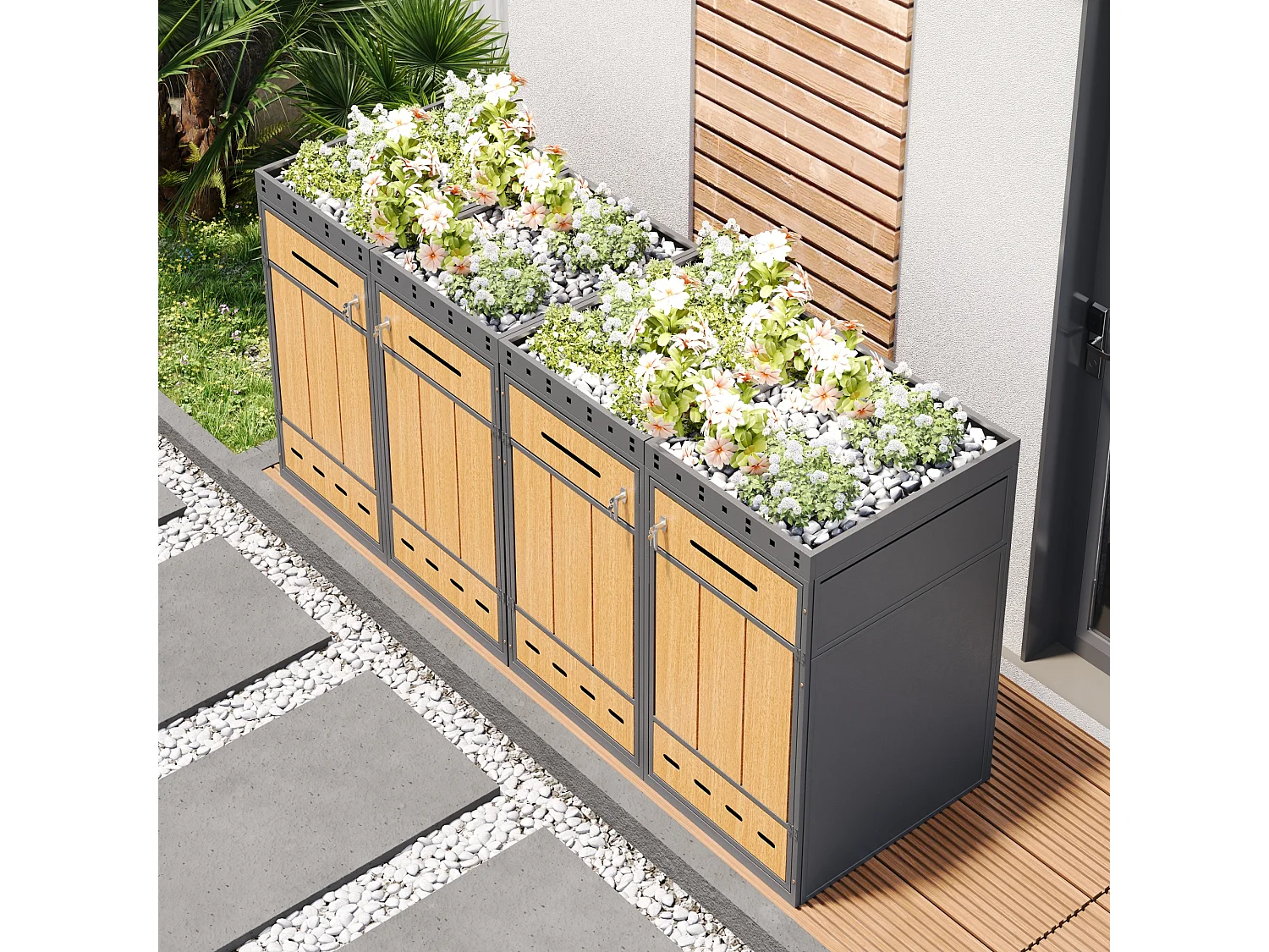 Vuilnisbakkenhuis met groen dak - 2 x 132 x 80 x 124 cm - capaciteit 120-240 liter - met 4 deuren - metaal - grijs + natuur