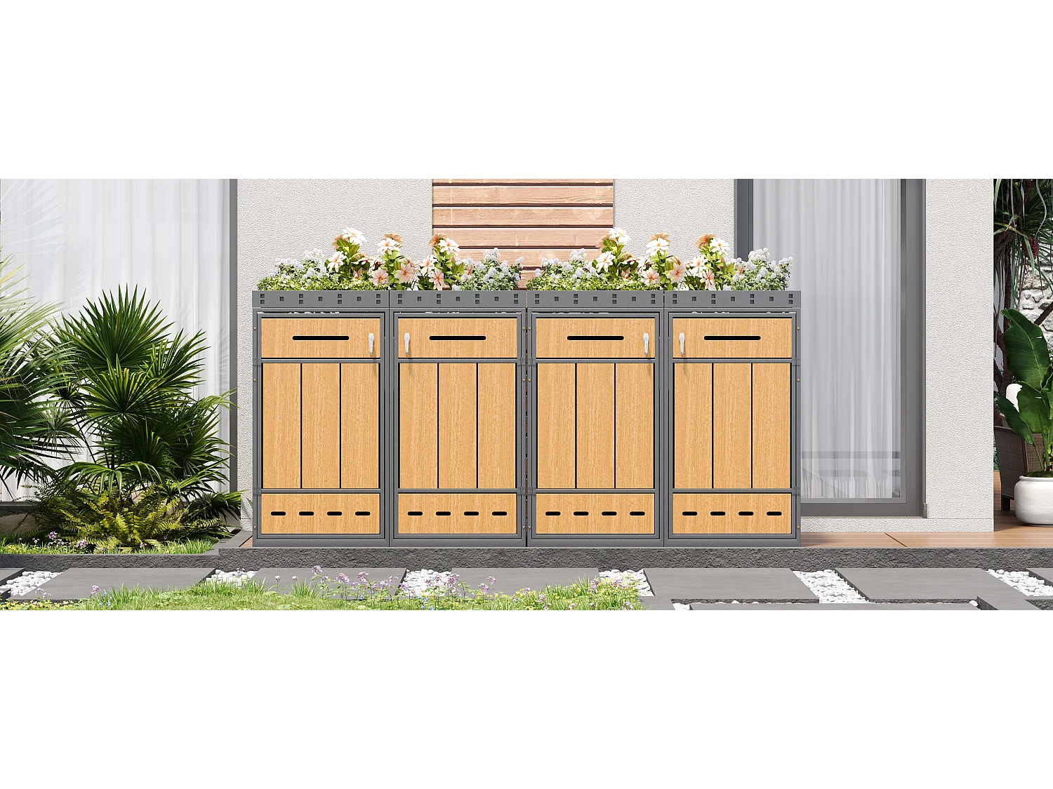 Vuilnisbakkenhuis met groen dak - 2 x 132 x 80 x 124 cm - capaciteit 120-240 liter - met 4 deuren - metaal - grijs + natuur