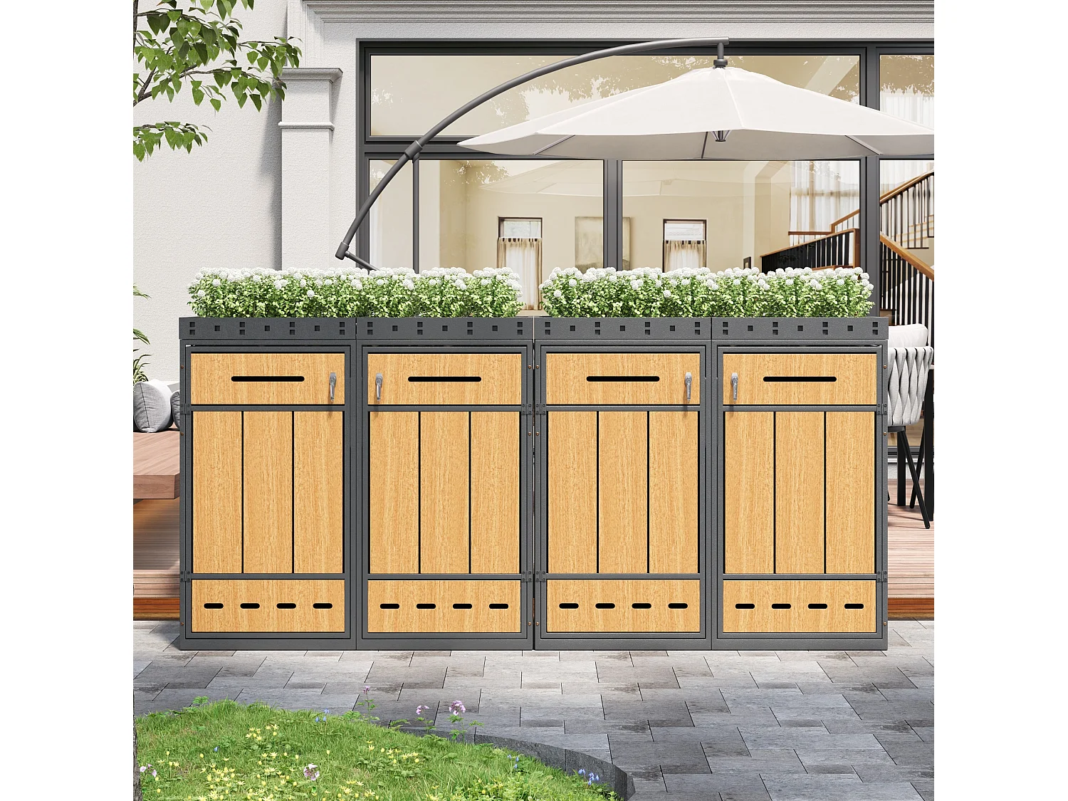 Vuilnisbakkenhuis met groen dak - 2 x 132 x 80 x 124 cm - capaciteit 120-240 liter - met 4 deuren - metaal - grijs + natuur