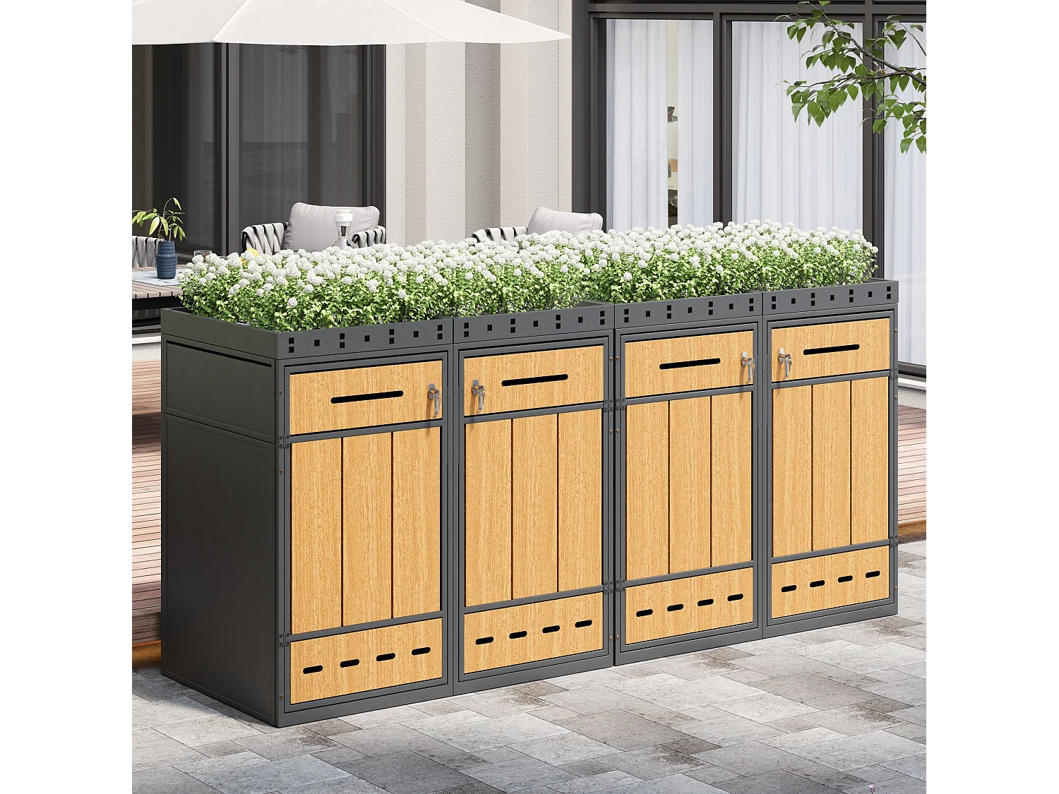 Vuilnisbakkenhuis met groen dak - 2 x 132 x 80 x 124 cm - capaciteit 120-240 liter - met 4 deuren - metaal - grijs + natuur