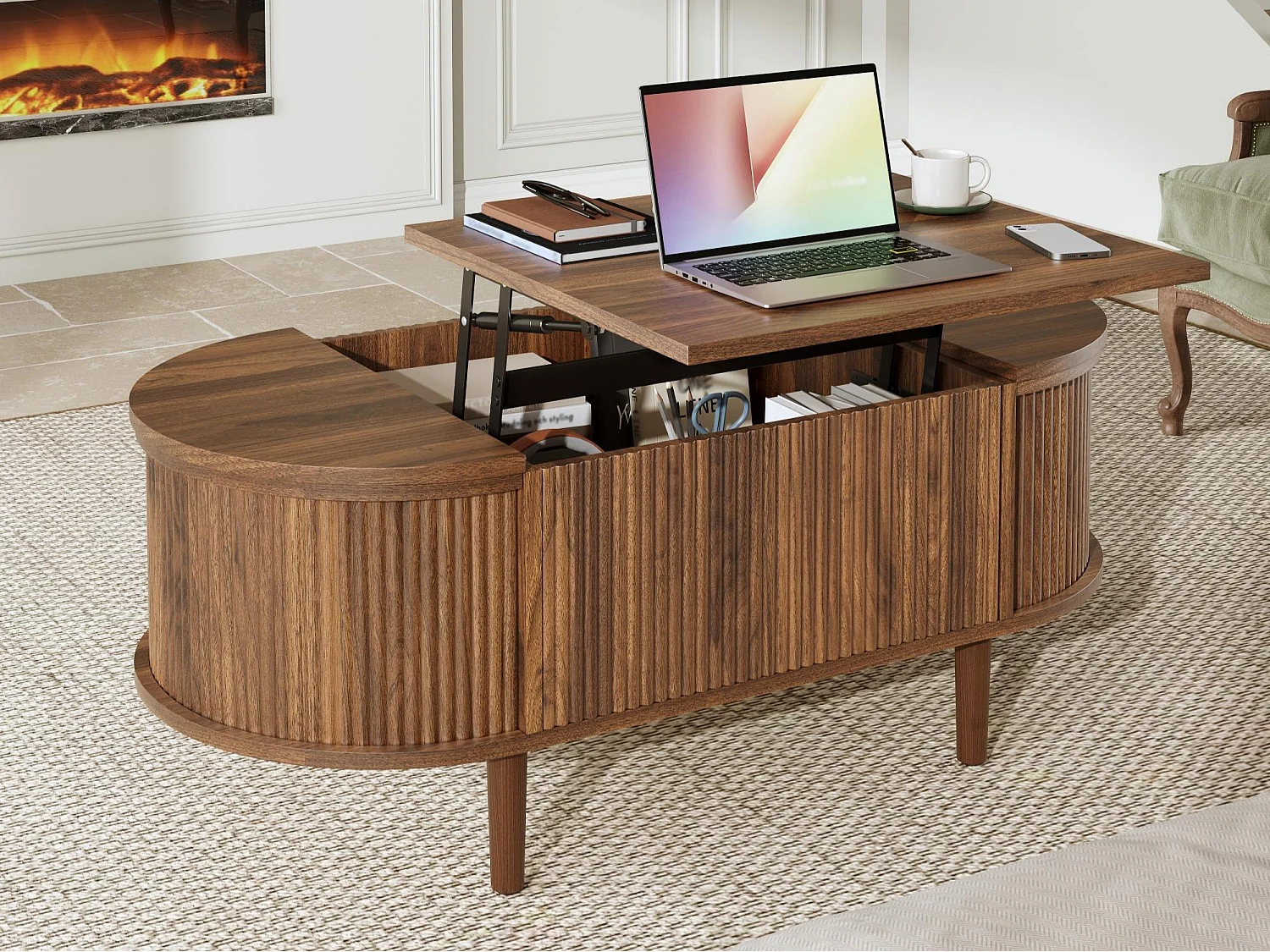 Höhenverstellbarer ovaler Beistelltisch 100x48x53,5 cm - Vintage-Stil - Stauraumtisch - MDF - Braun